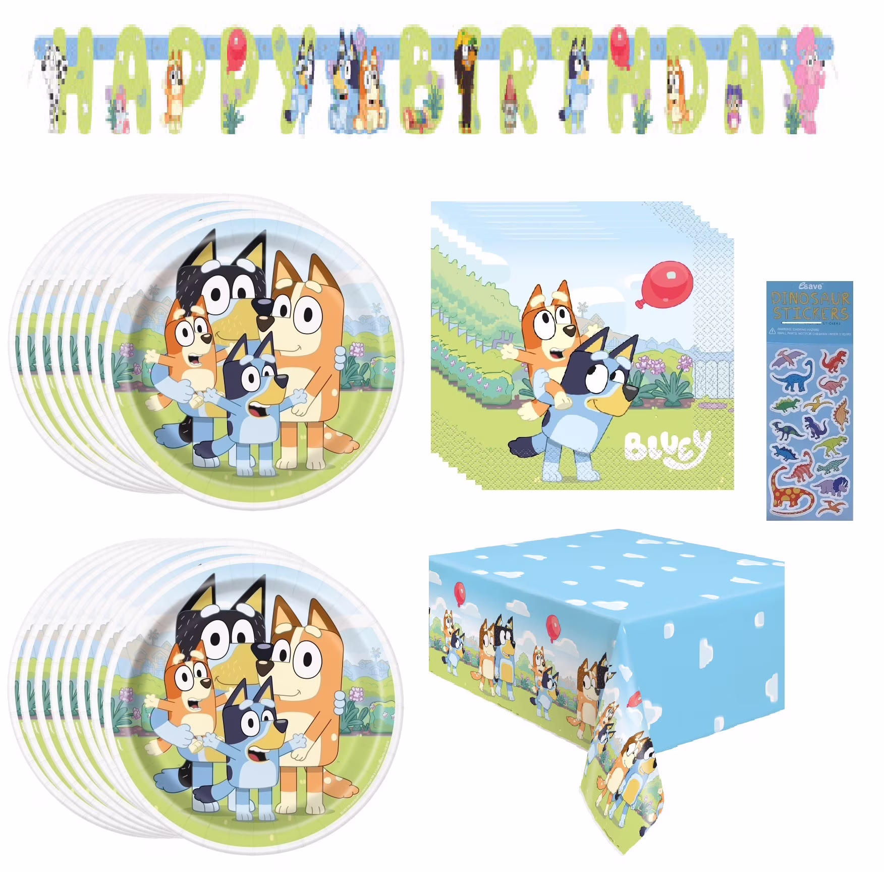 Bluey Birthday Party Supplies Bundle includes 16 Lunch Plates, 16 Lunch Napkins, 1 Table Cover, 1 Happy Birthday Banner (Bundle for 16)