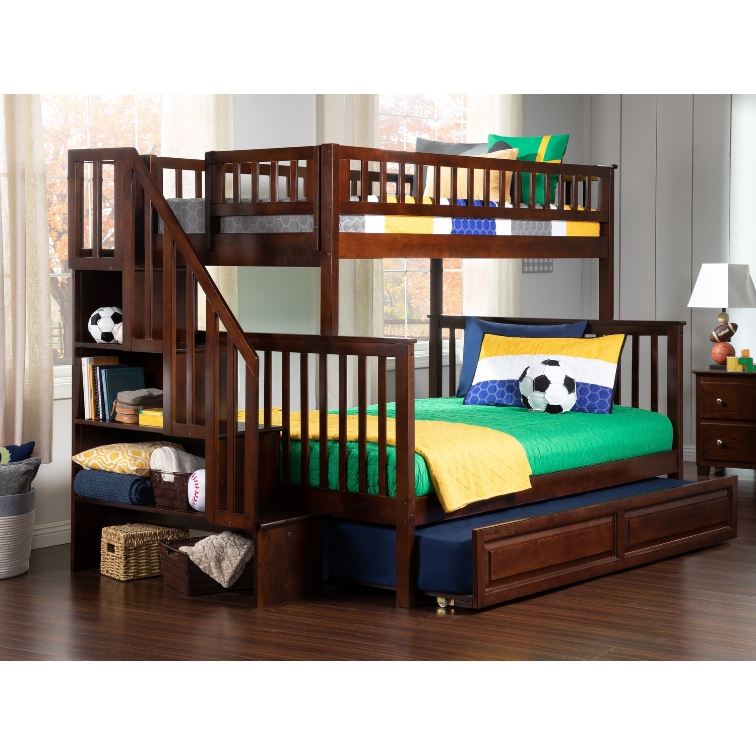 AFI Woodland Staircase Bunk Bed Twin over Full with Twin Trundle in Walnut