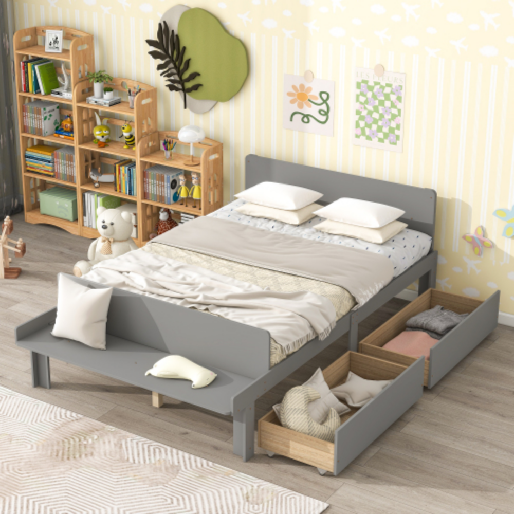 Full Bed with Footboard Bench,2 drawers,Gray