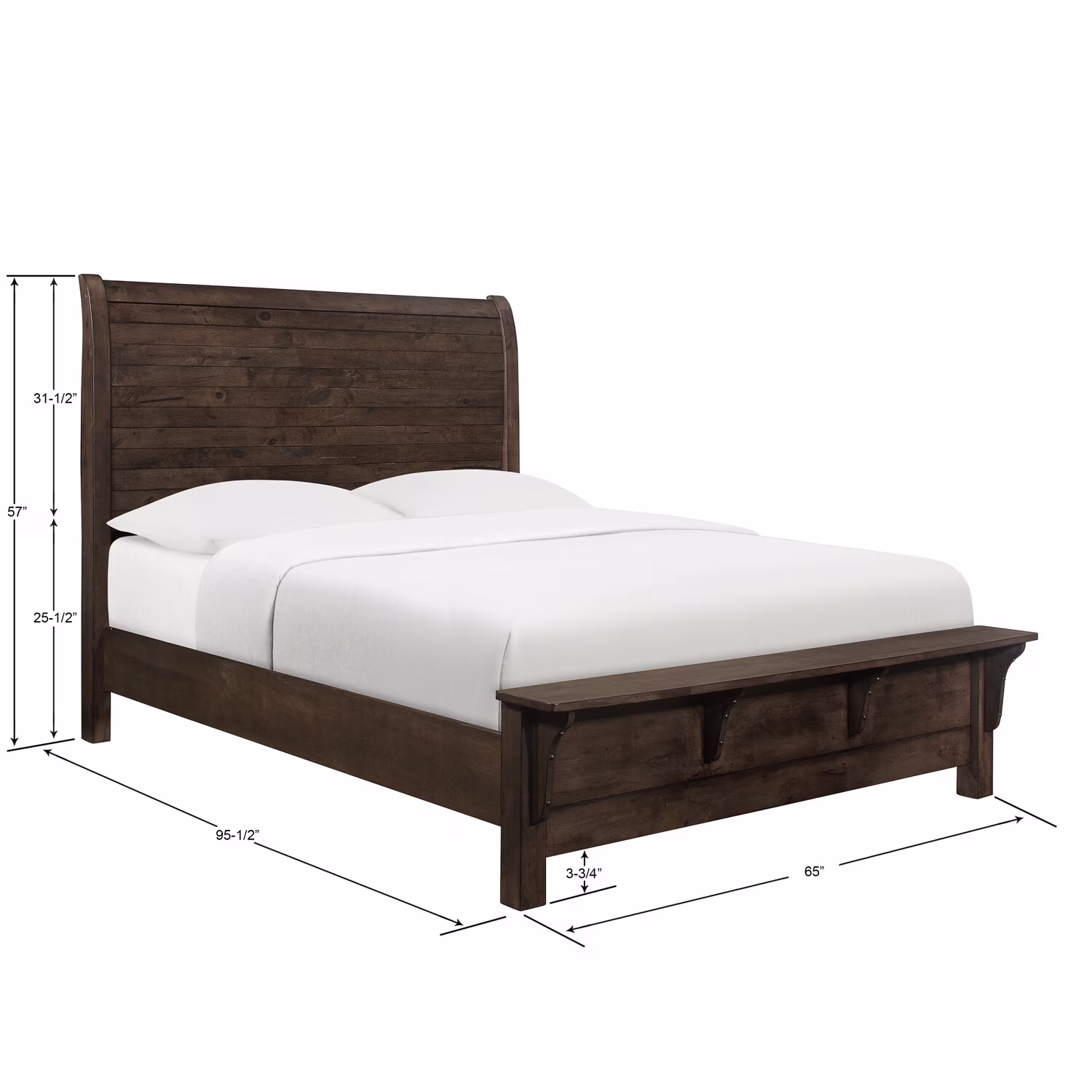 Wallace & Bay Bonilla Gray Brown Queen Bed with Curved Plank Headboard And Built-In Bench Footboard
