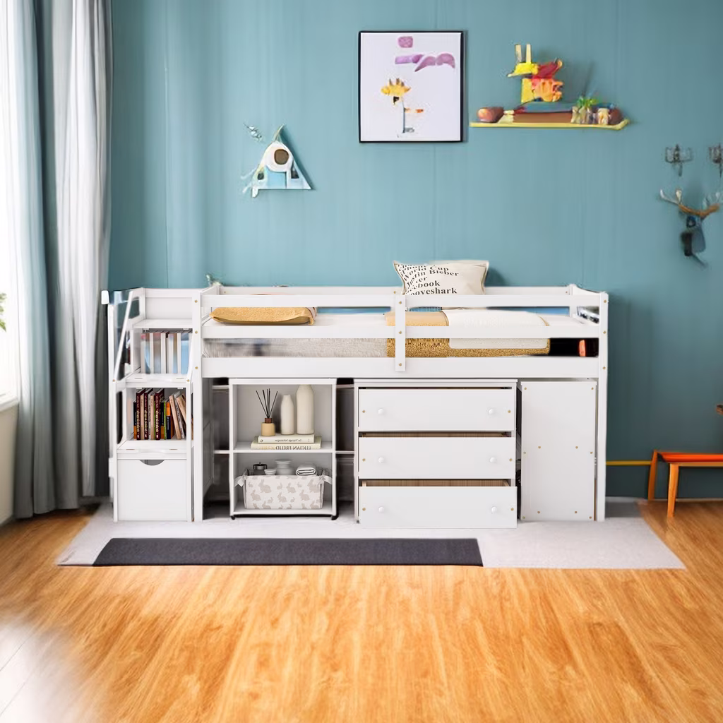 Twin Size Loft Bed Frame for Boys Girls Kids Adults Toddler with Retractable Writing Desk and 3 Drawers, Wooden Loft Bed with Storage Stairs and Shelves