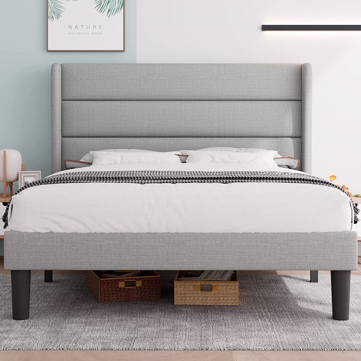 Popular Full Size Upholstered Platform Bed Frame with Wingback Headboard  Minimalist Mattress Foundation with Wooden Slats Support  Noise Free  No Box Spring Needed  Easy Assembly