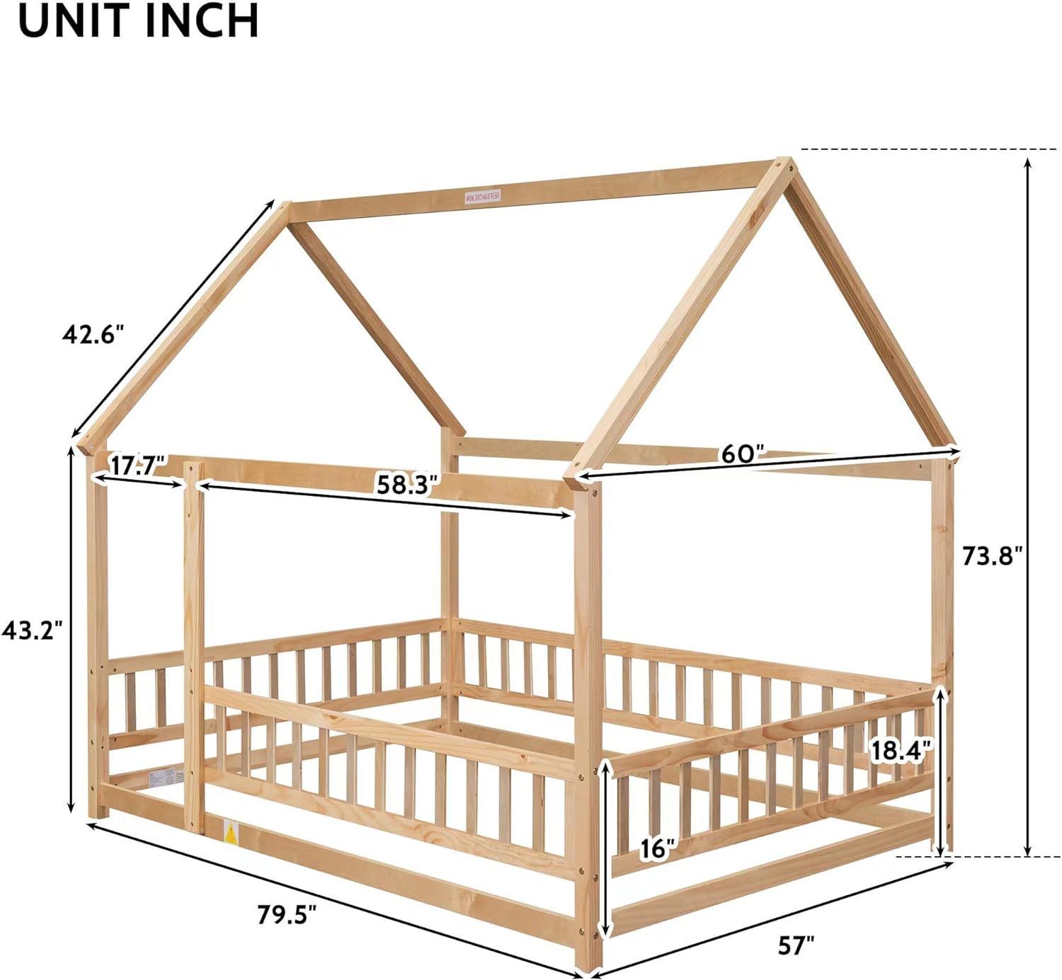 House Bed Full Size Montessori Floor Bed Frame With Roof And Fence, Box Spring Needed, For Kids Teens Girls Boys (Natural)
