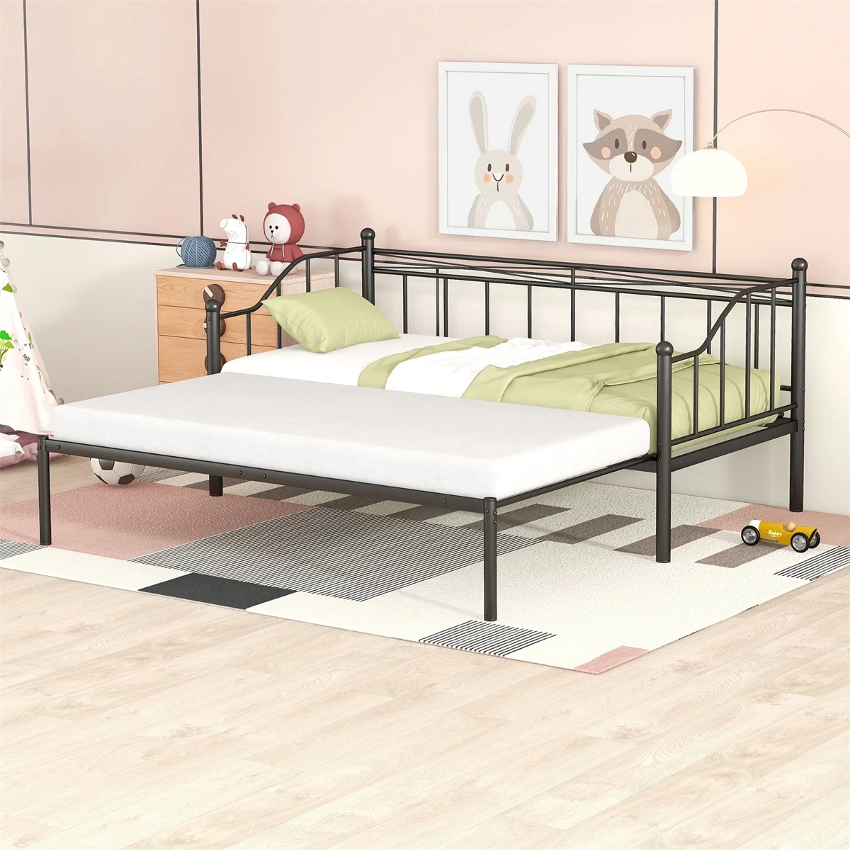Metal Twin Size Platform Bed with Trundle, Twin Bed Frame, Modern Daybed for Kids Teens Adults, No Box Spring Needed