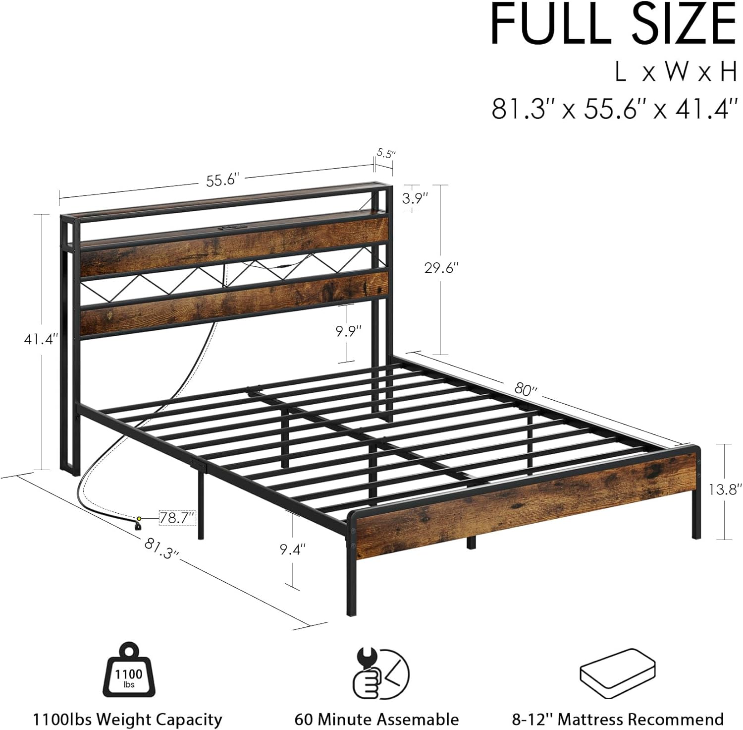 Full Size Bed Frame with Storage Headboard, Full Bed Frame with Charging Station, Platform Bed with Led Lights, Solid and Stable, Noise Free, Easy Assembly, Vintage Brown