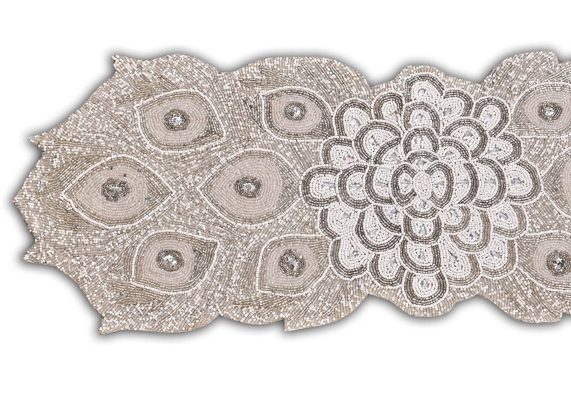 Handmade Beaded Table Runner, Peacock Feather Design Table Topper, Designer Tableware 13X36 Inch