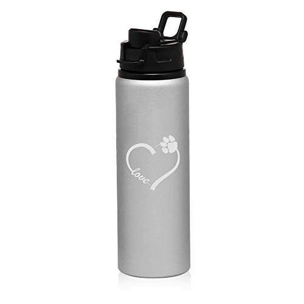 MIP Brand 25 oz Aluminum Sports Water Travel Bottle Love Heart Paw Animals (Silver)