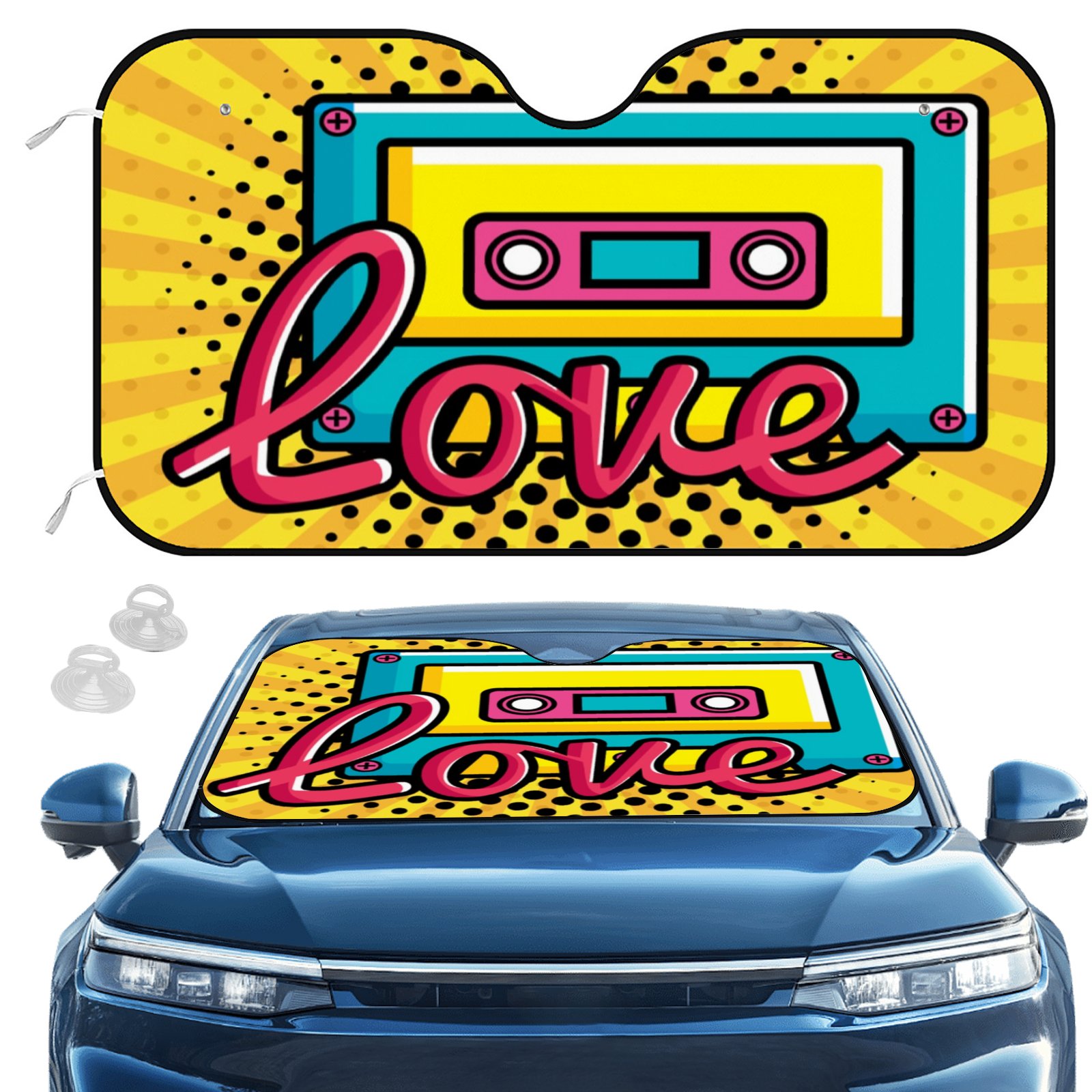 Hidove Shower Curtain Set with Rugs and Hooks for Bathroom, Cassette Music with Love Lettering Pop Car Sun Visor Protector Front Window Shade, Car Sun Shade-Keeps Your Vehicle Cool -51x30inch