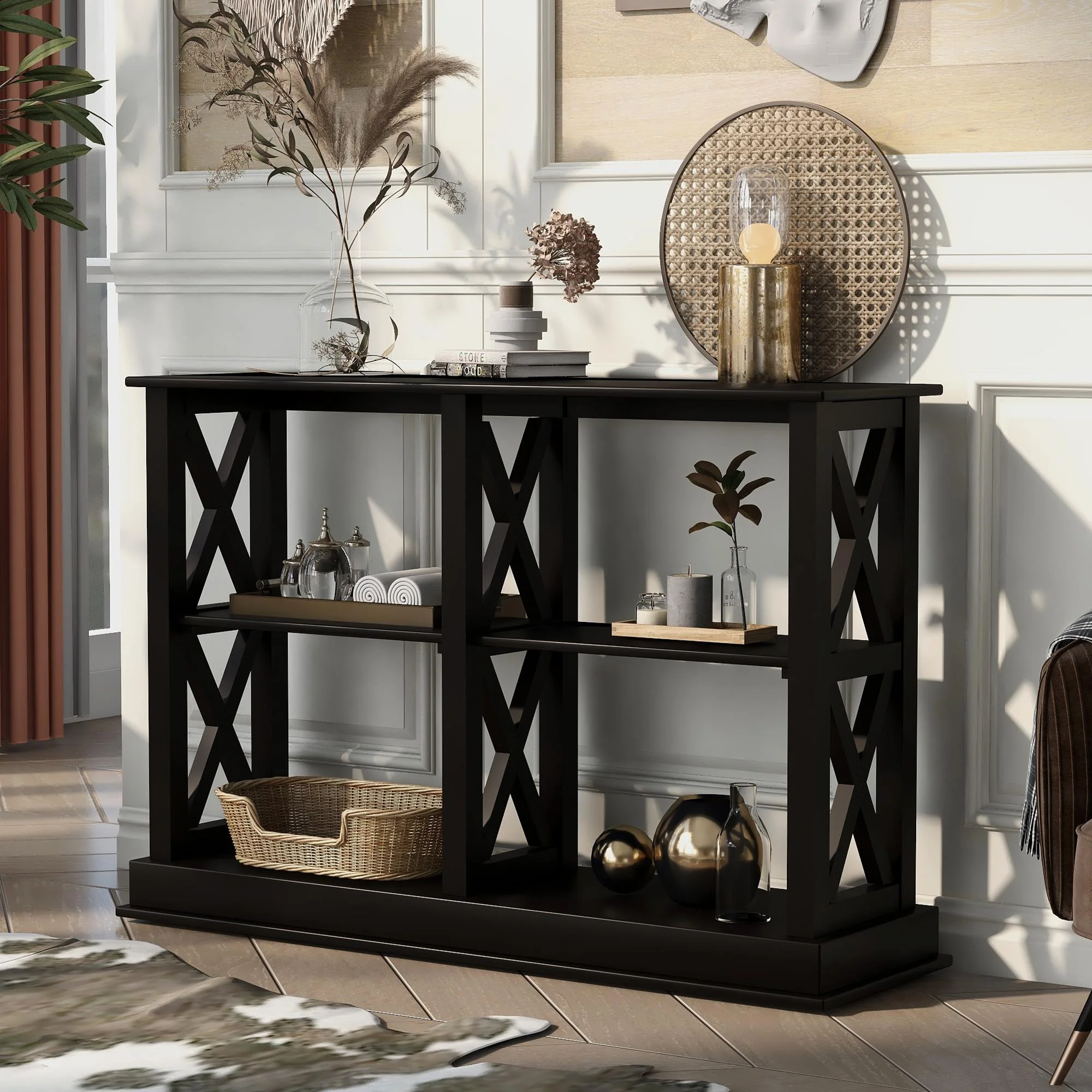 CHURANTY Console Table Sofa Table with 3-Tier Open Storage Spaces and X Legs, Wood Narrow Entry Table for Living Room, Entryway and Hallway, Black