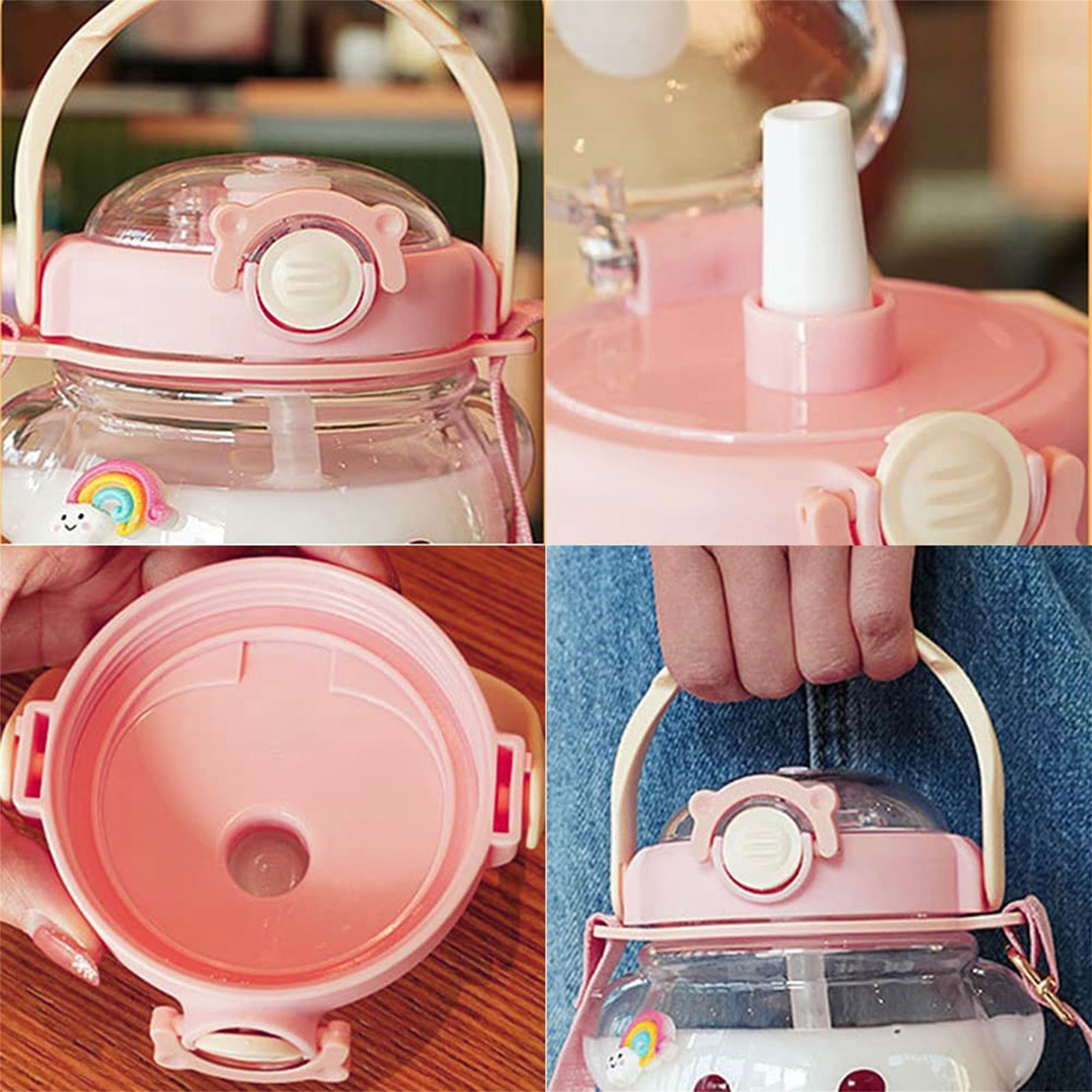 Sunisery 1000ml Bear Straw Bottle Bear Shape Large Capacity Leakproof Water Jug with Shoulder Strap