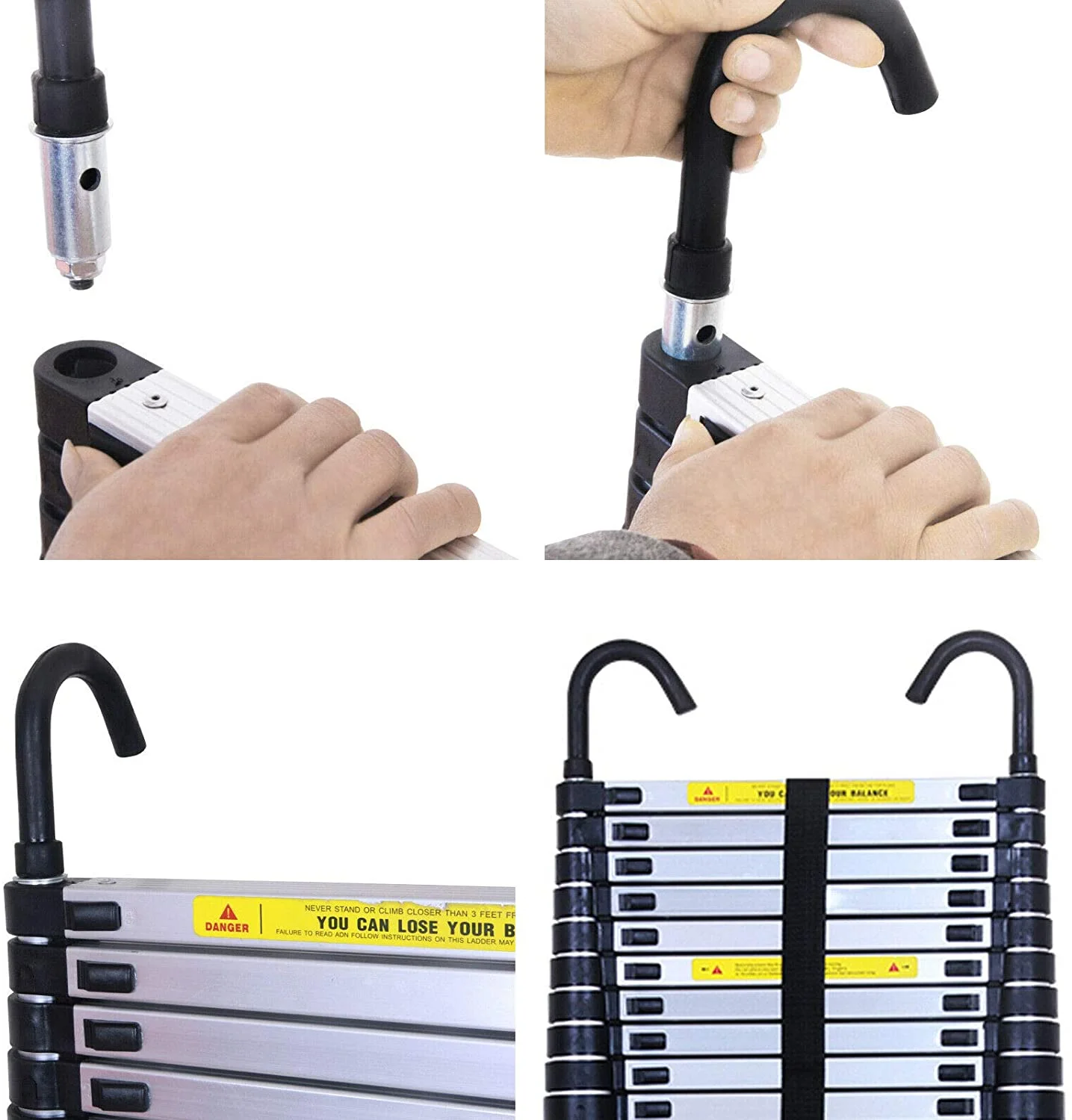 Bowoshen 16.5Ft Aluminum Telescoping Ladder,2 Detachable Hooks Multi-Use Retractable Foldable Extension Step Attic Ladder,330lbs Load Capacity,BS1