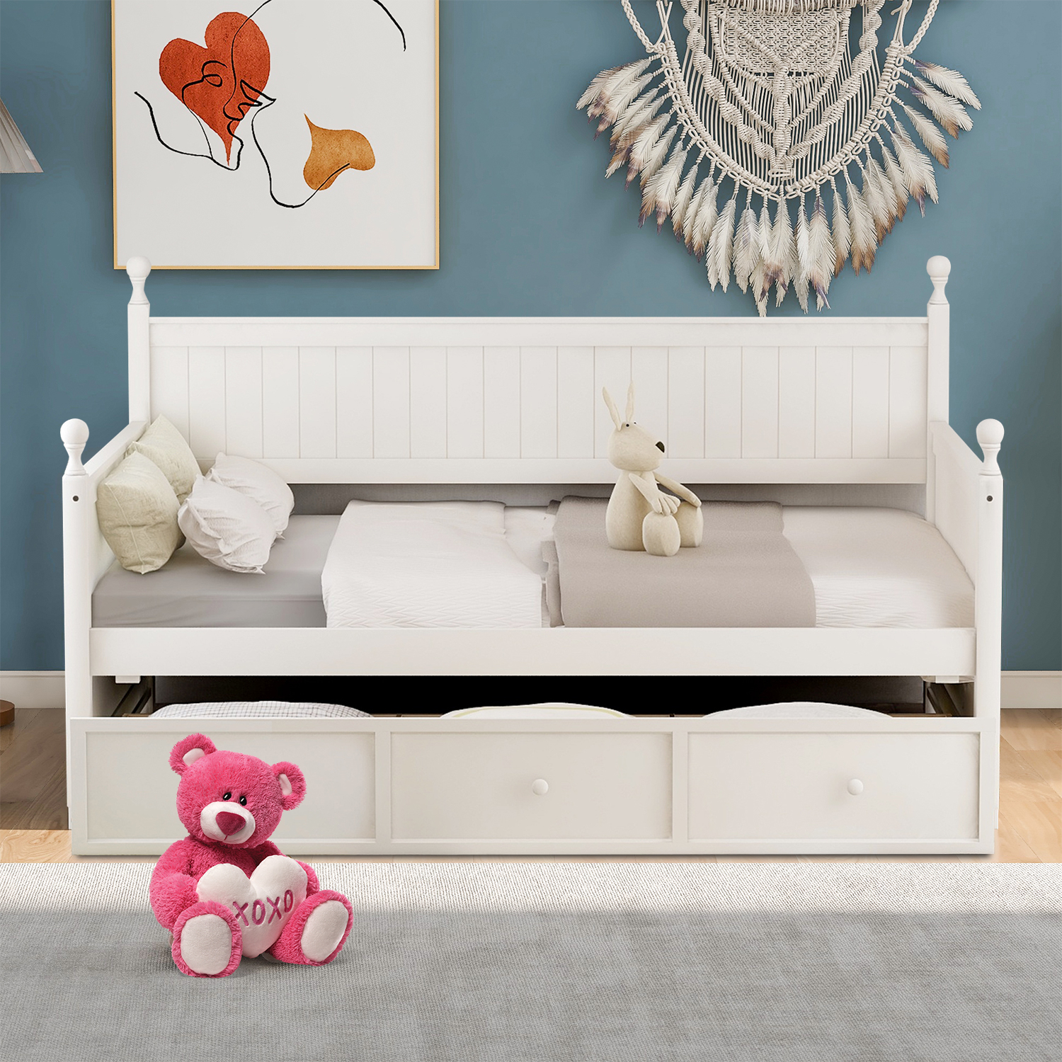 Modern and Classic Style Twin Size Wood Daybed with A Big Drawer, White