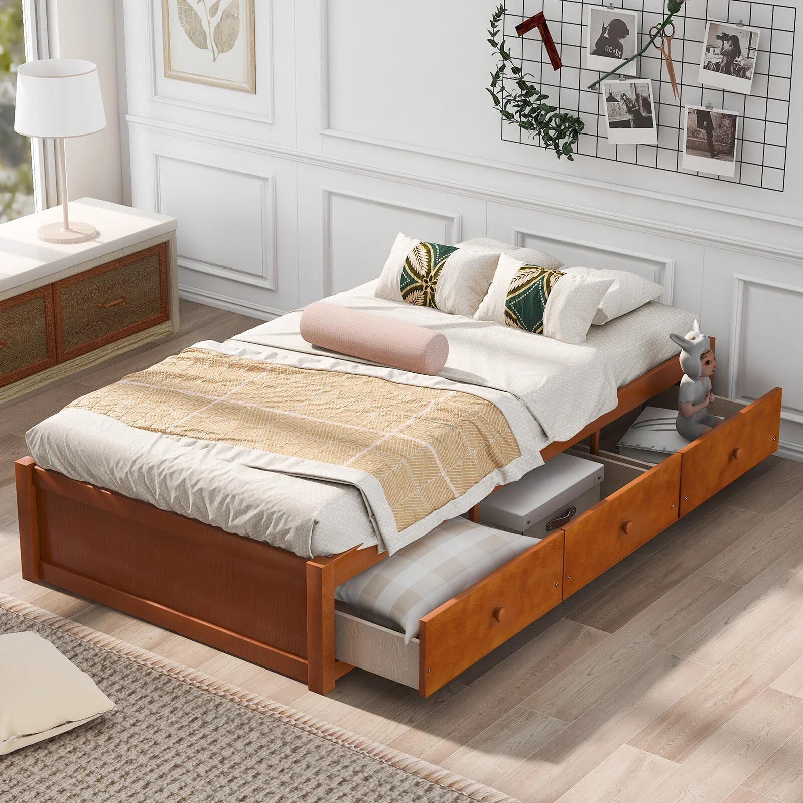 CoSoTower Twin Size Platform Bed Wooden Storage Bed Frame with 3 Drawers, Oak