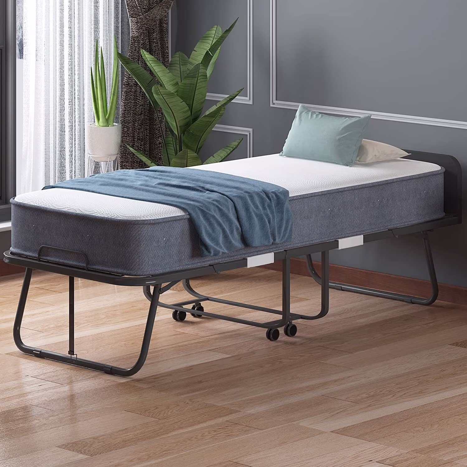 Mixoy Folding Bed with Mattress and Headboard|Space Saving Foldable Bed with Foam Mattress | Bed Frame with Wheels