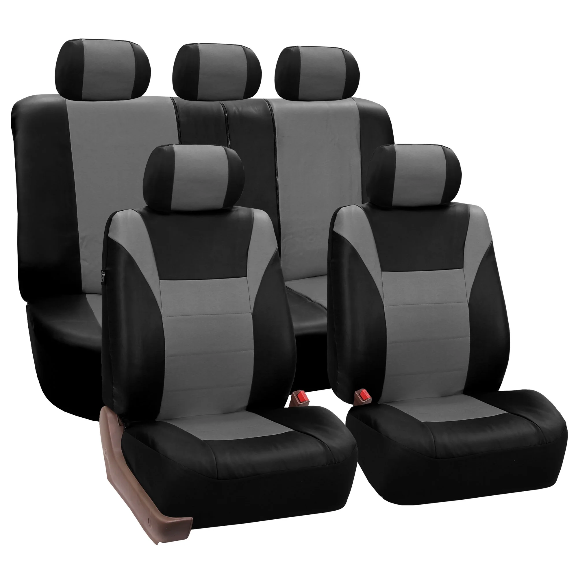 FH Group PU Leather Racing Car Seat Covers for Auto, Airbag Compatible Split Bench Full Set with Tissue Dispenser, Gray