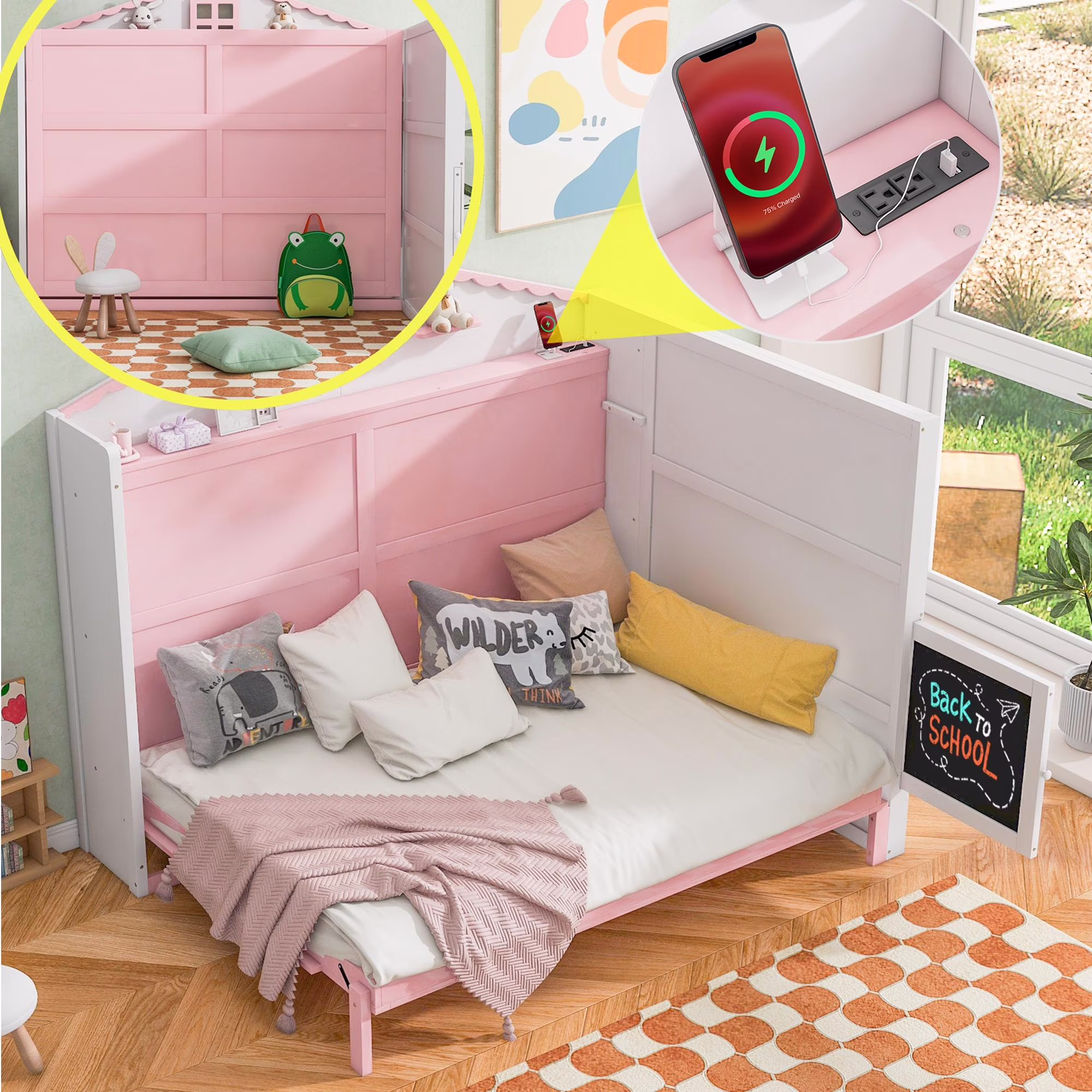 Bellemave Full Size House Murphy Bed with USB Posts, Wood Folding Full Bed with Storage Shelves and Blackboard, Murphy Cabinet Bed for Kids Girl Boys Teens, Space Saving Design (White+Pink)