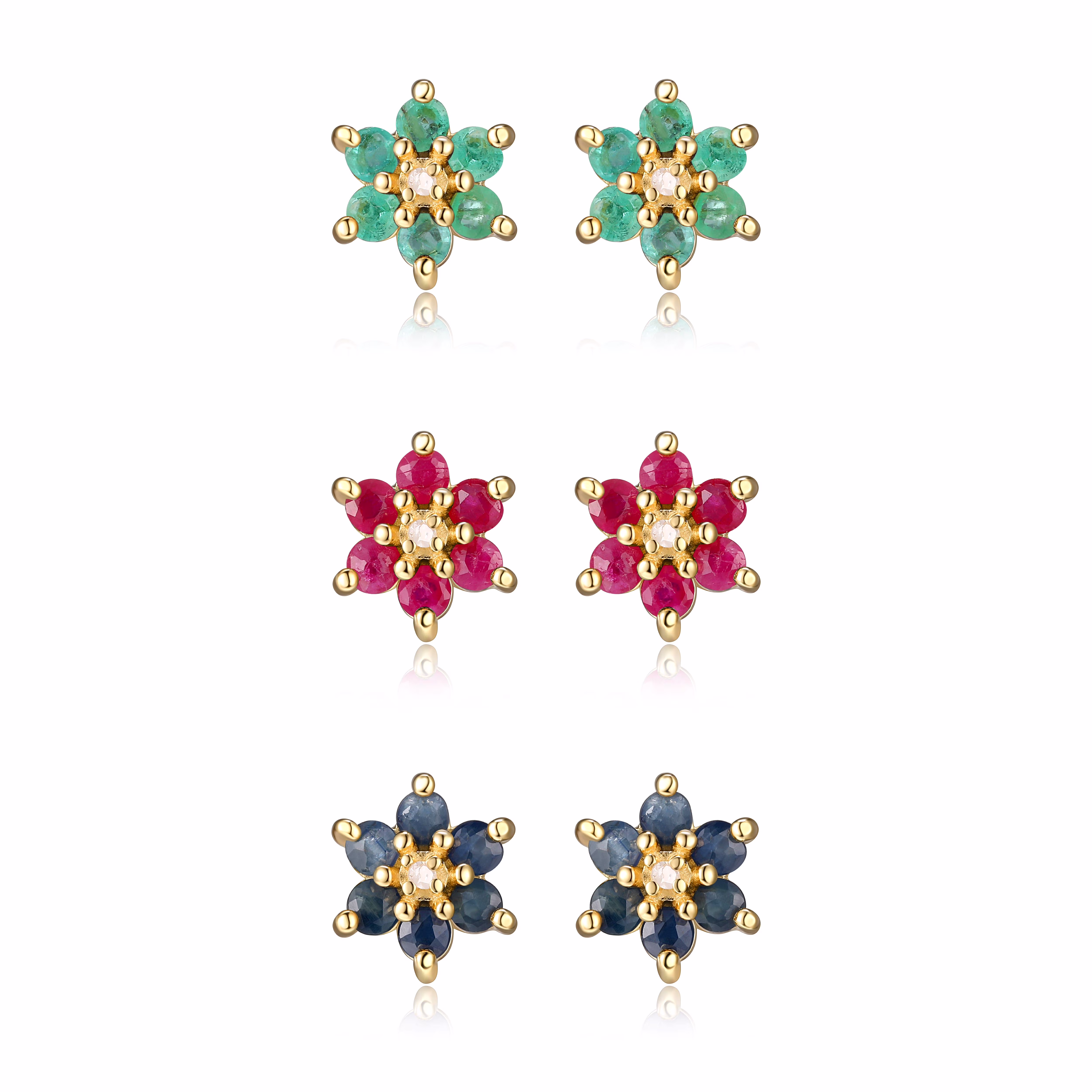 Forever Facets Sapphire, Ruby & Emerald Flower Earring Set in 18k over Sterling Silver, Adult Female