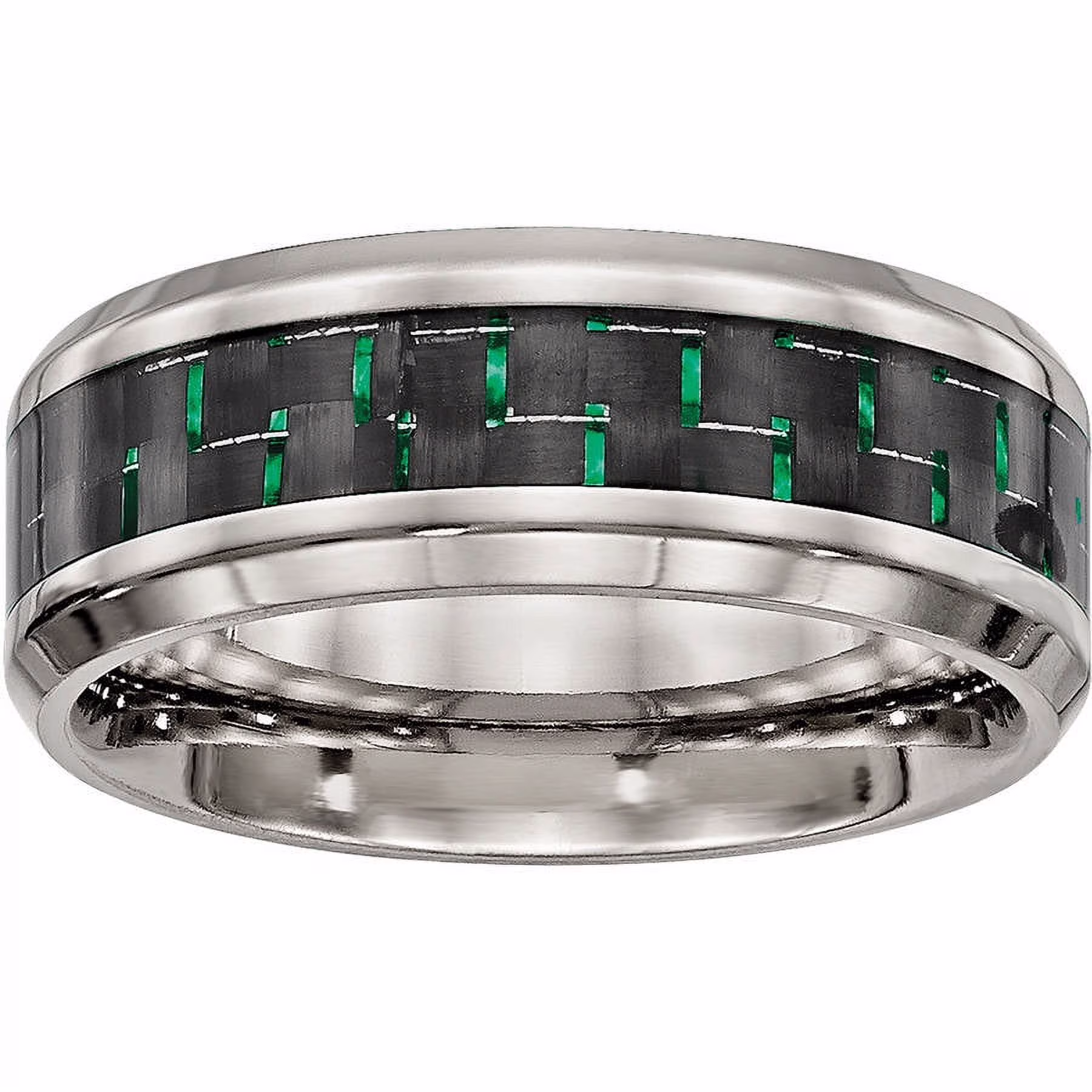 Stainless Steel Polished Black/Green Carbon Fiber Inlay Ring