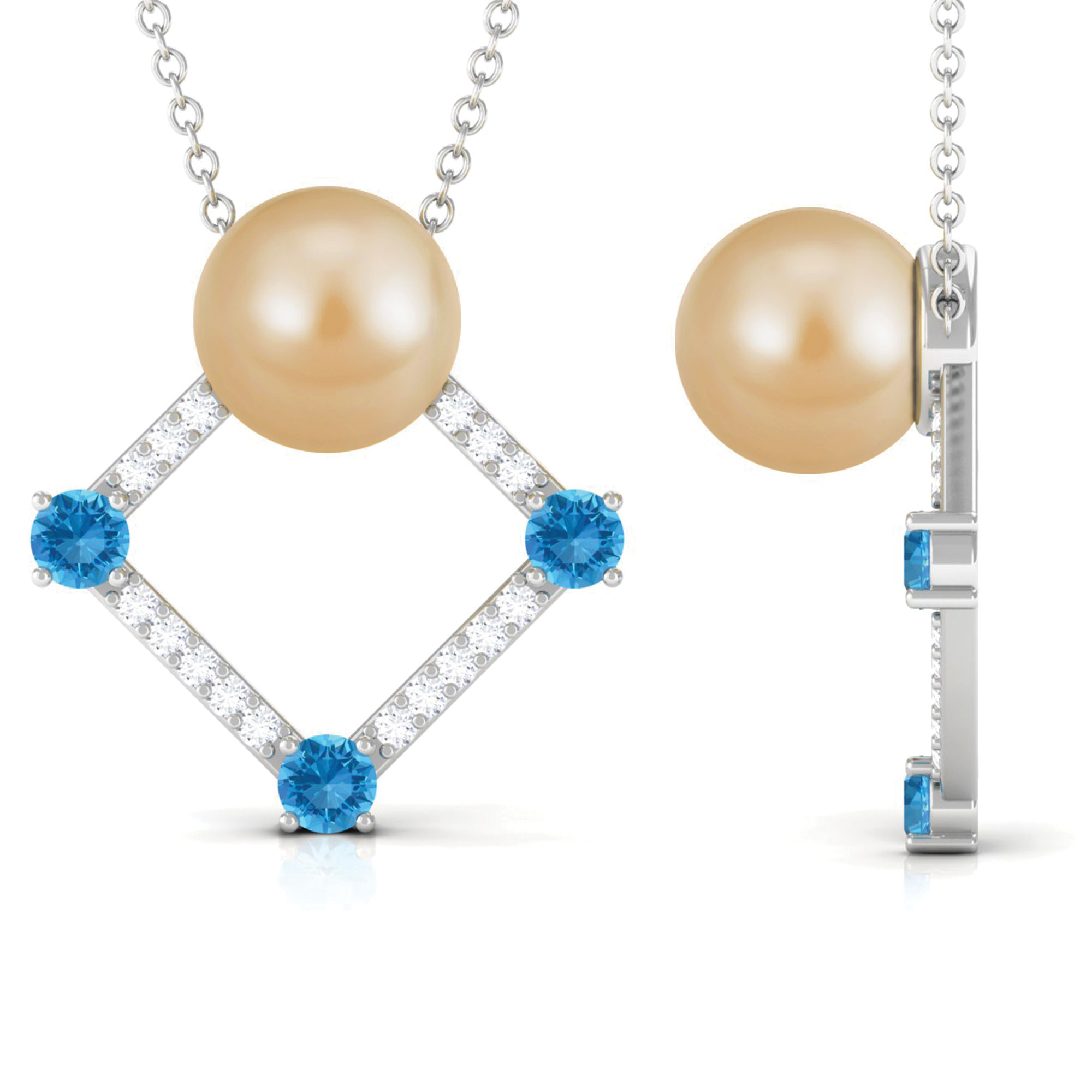 South Sea Pearl Necklace for Women with Blue Topaz and Moissanite, AAA Quality, 925 Sterling Silver