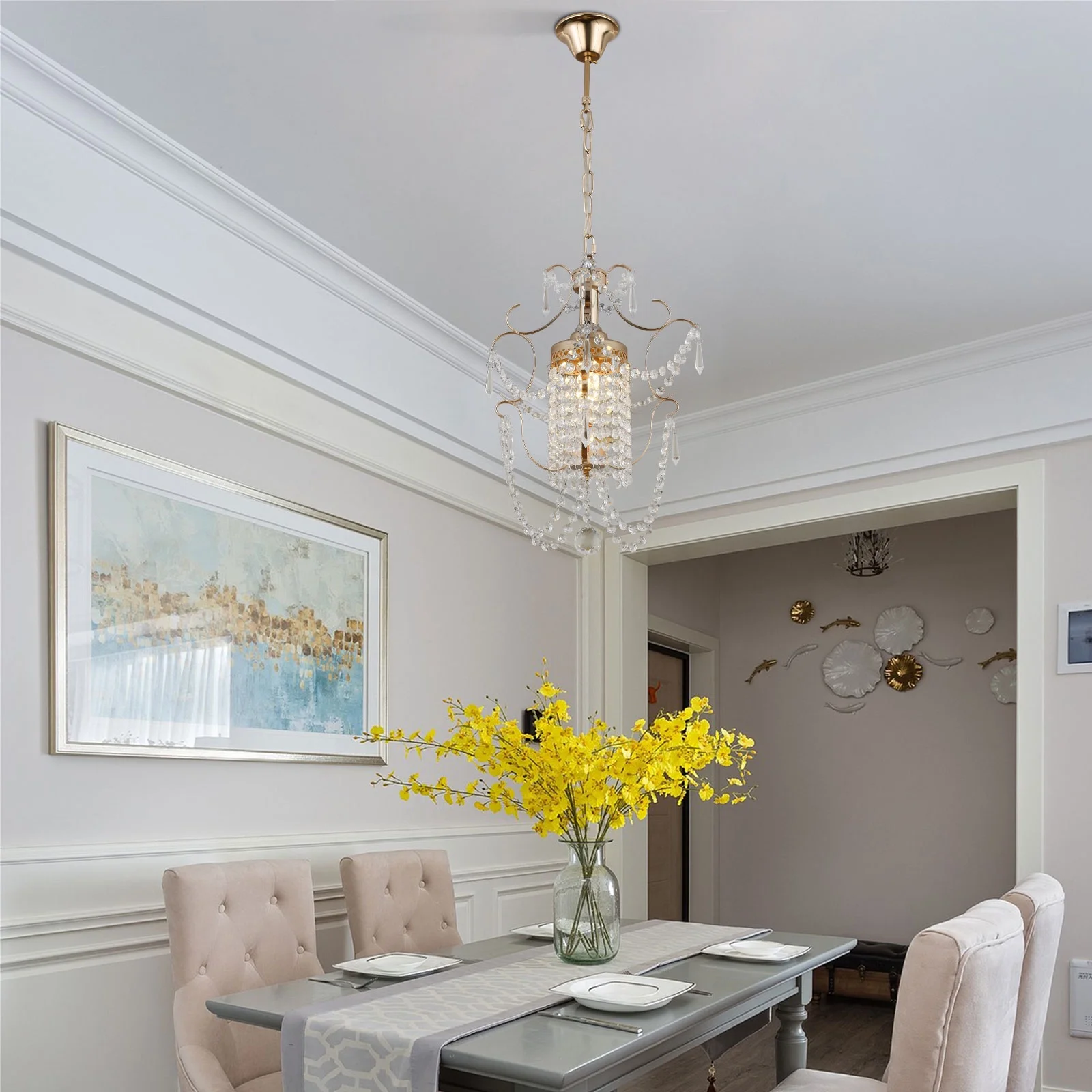 Loyalheartdy Crystal Chandelier, 1-Light Modern Elegant Metal Crystal  Ceiling Light Fixture Adjustable Height Hanging Lamp