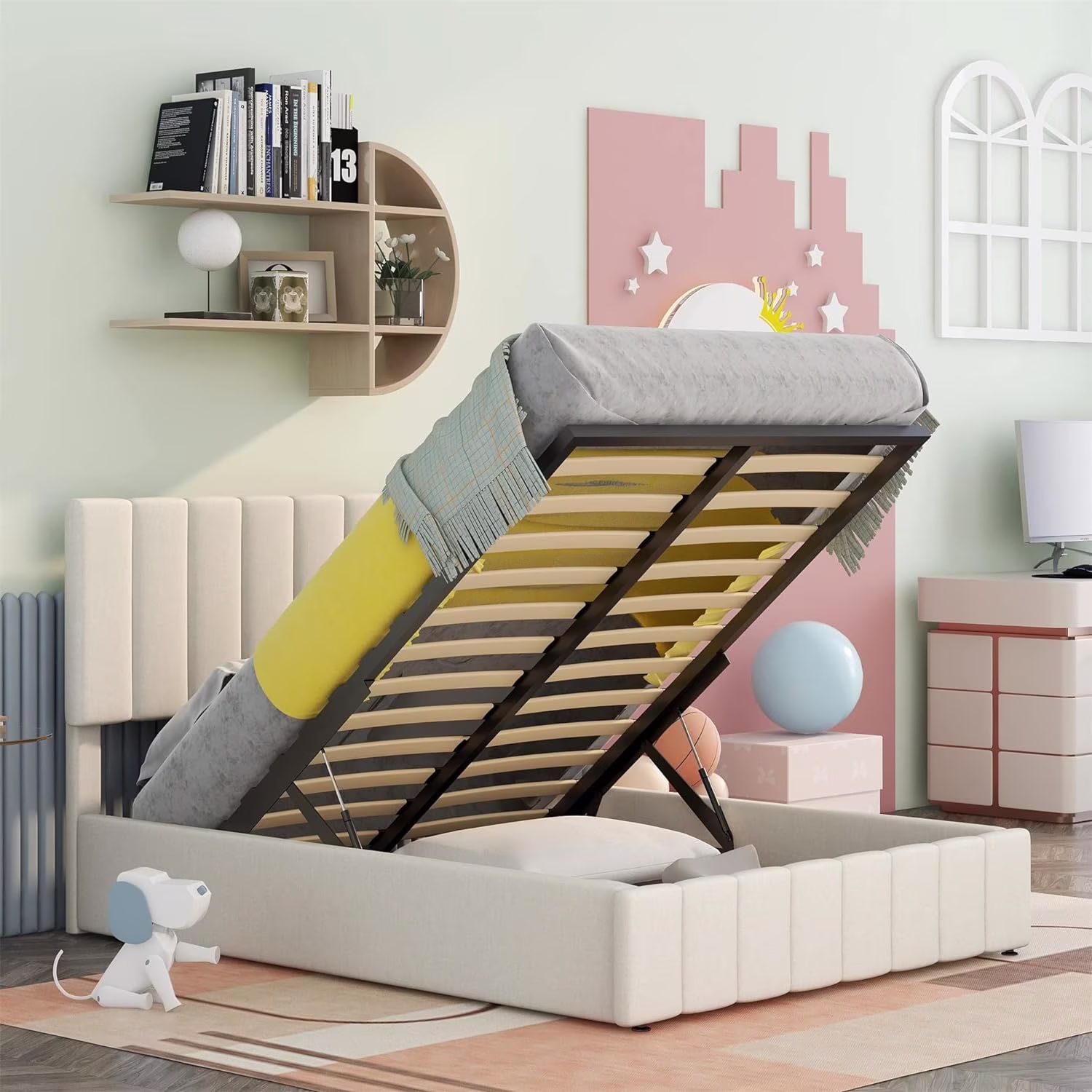 Upholstered Full Bed Frame With Storage Underneath, Full Size Platform Bed Frame With A Hydraulic Storage System, Wood Full Size Bed Frame With Headboard And Wood Slats,Beige