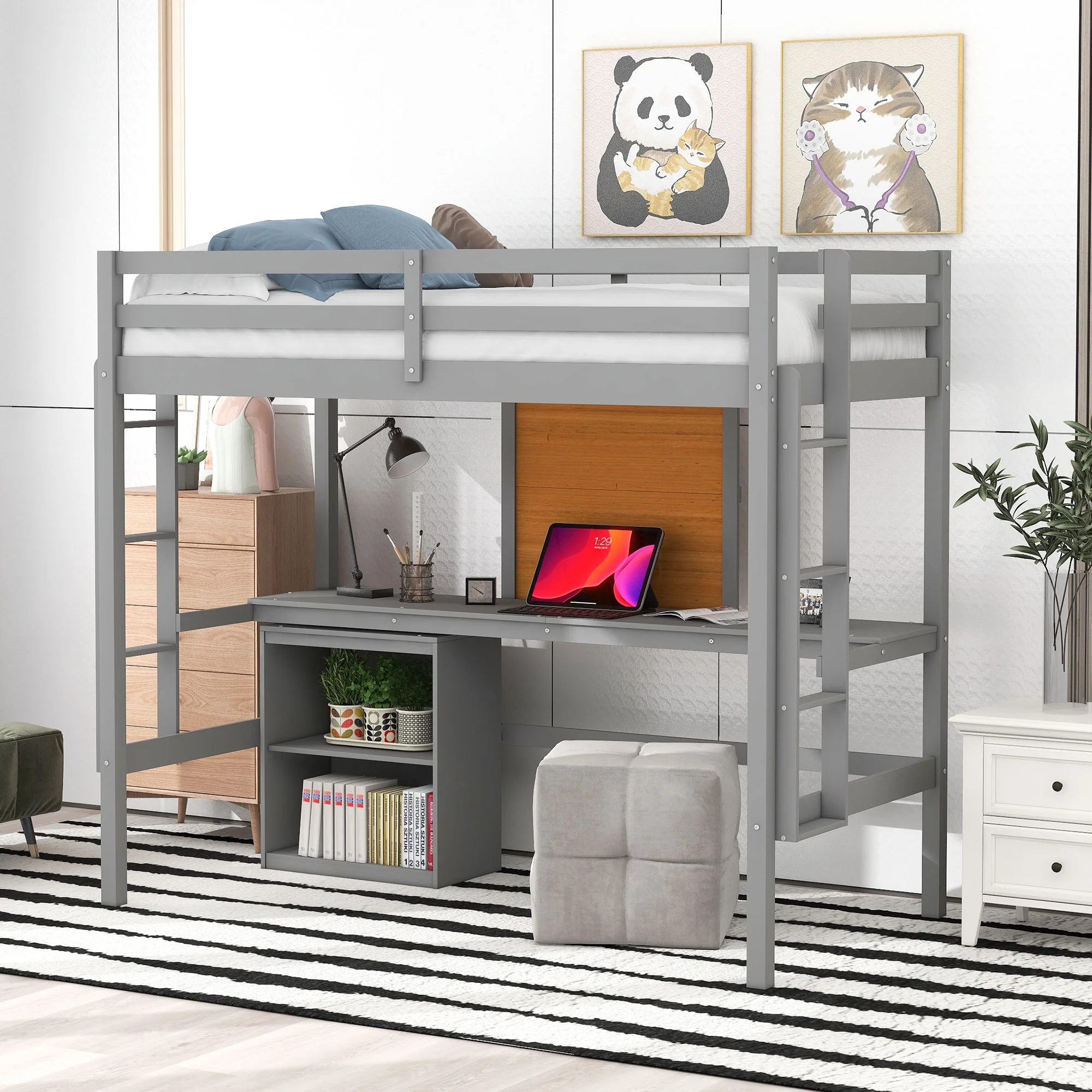 Twin Loft Bed with Desk Bookcase Storage Cabinet, Solid Wood Slat Bed Frame with Writing Board Ladder for Child Kids Teens