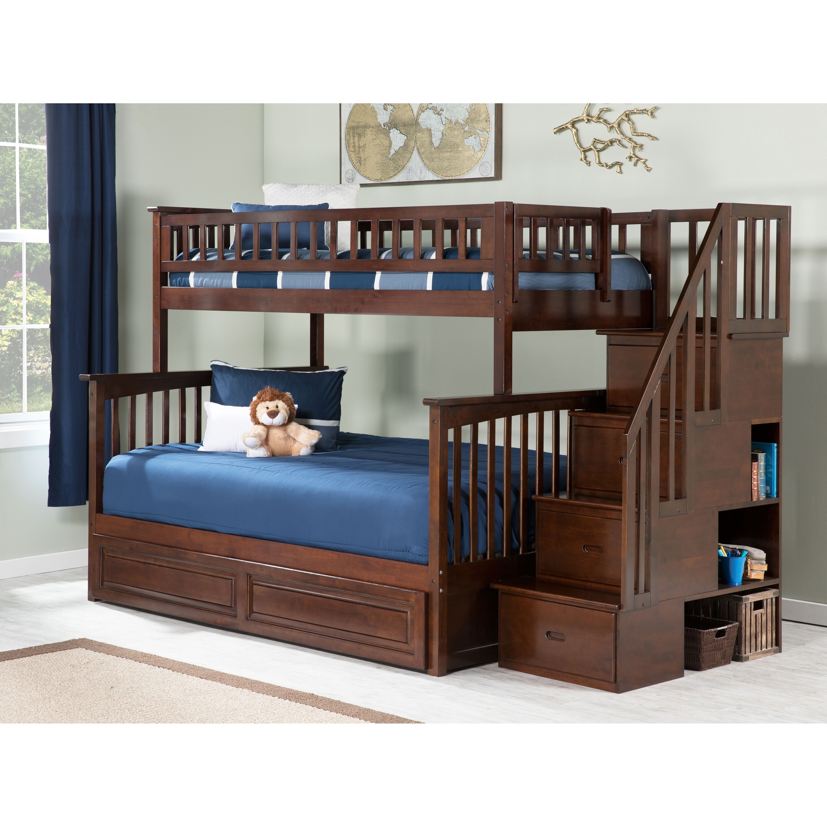 AFI Columbia Staircase Bunk Bed Twin over Full with Twin Trundle in Walnut