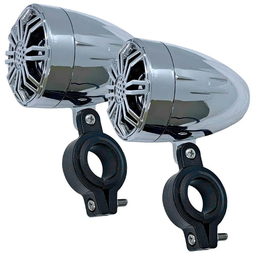 Pair of Chrome 2.25 Inch Waterproof Speakers for Powersports, Watercrafts, ATV, Off Road Vehicles, Motorcycles, Golf Carts - Mounting Clamps Included