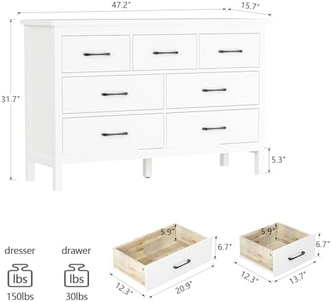 RUNFAYBIU White Dresser for Bedroom  Wood 7 Drawer Dresser with Black Metal Handles   Dresser for Bedroom  Hallway   Room  White
