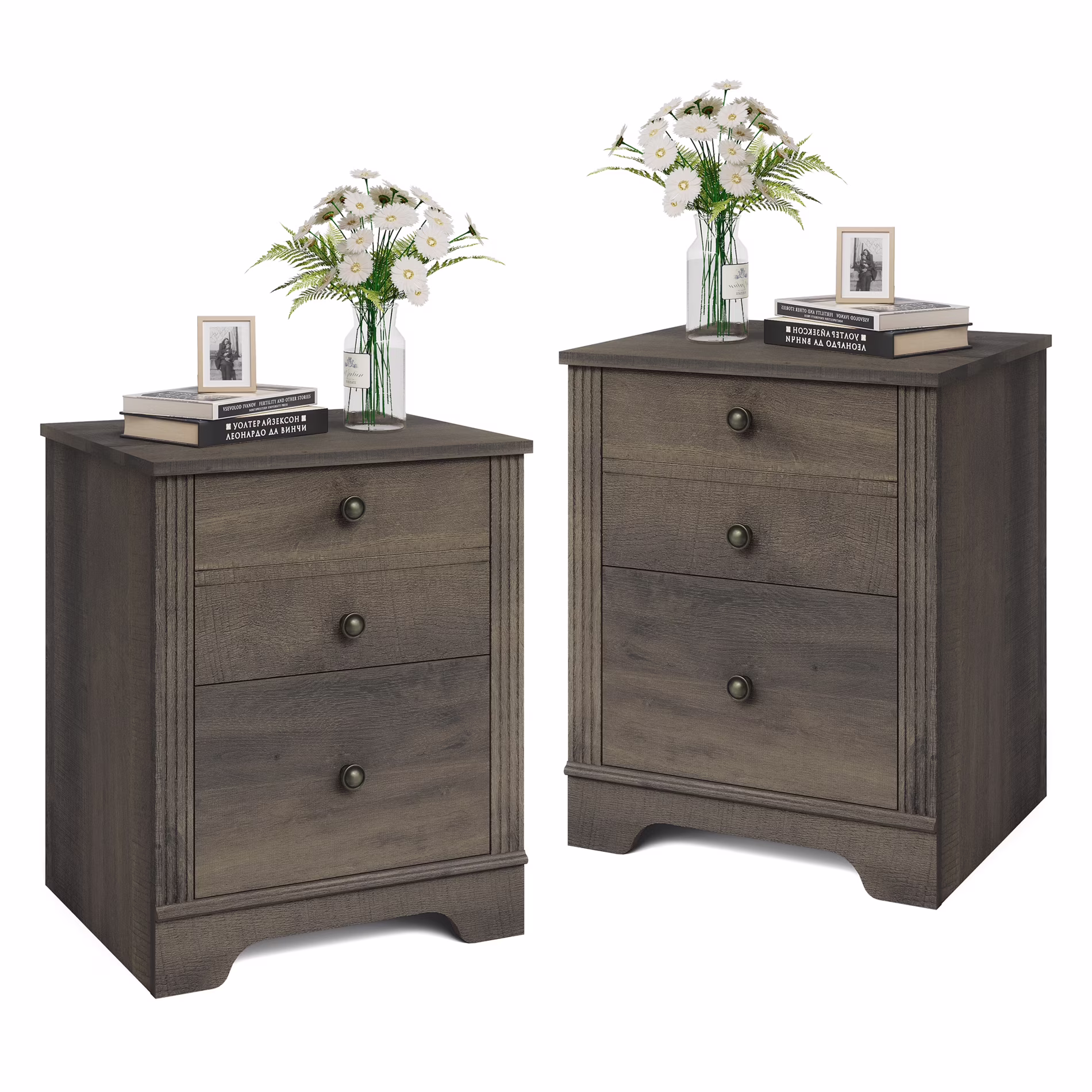 WAMPAT Set of 2 Nightstands with 2 Drawers, Farmhouse Bedside Wood Storage Dresser Organizer for Bedroom, End Side Tables for Living Room, Vintage Grey