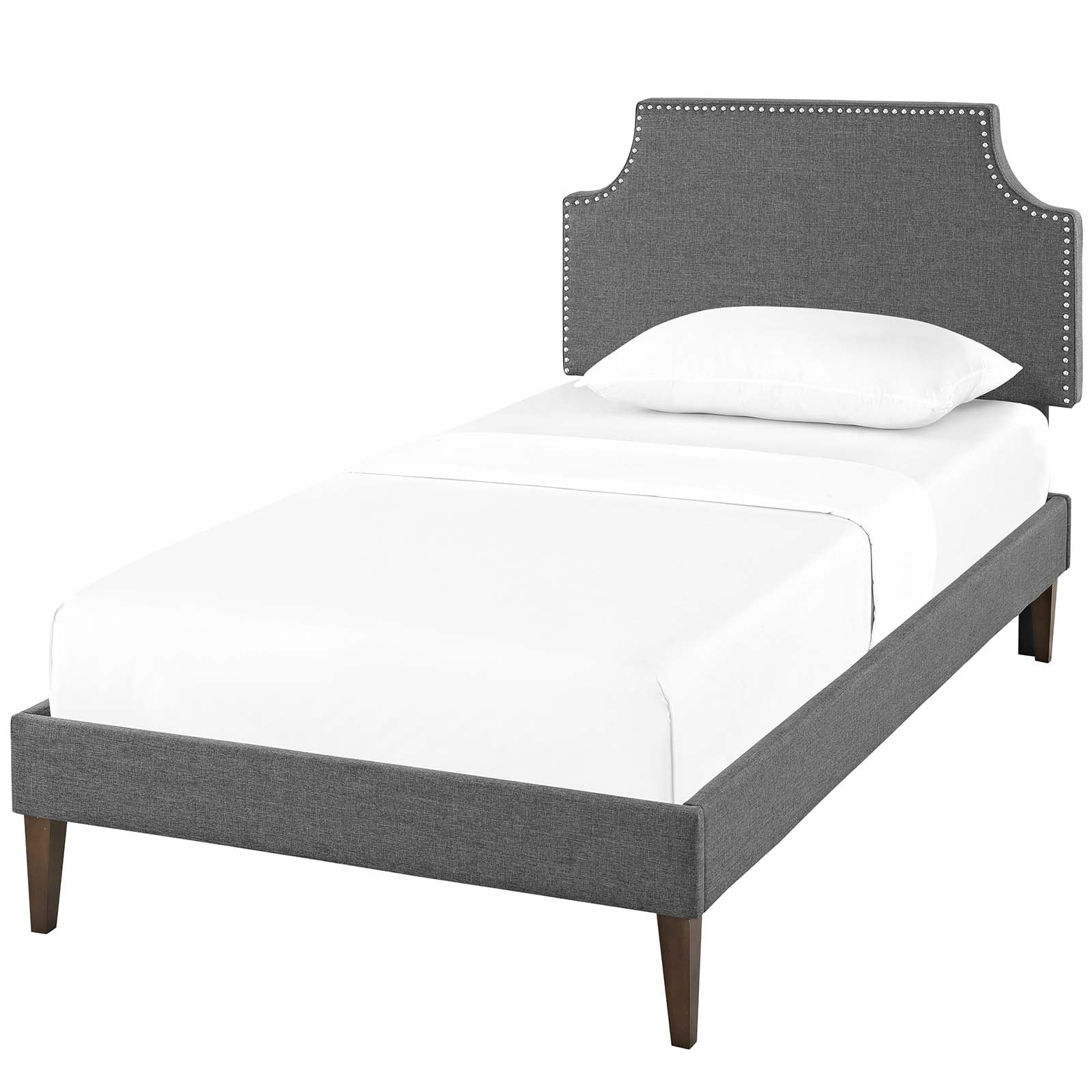 Modern Contemporary Urban Design Bedroom Twin Size Platform Bed Frame, Fabric Copper Nail Rivet, Grey Gray