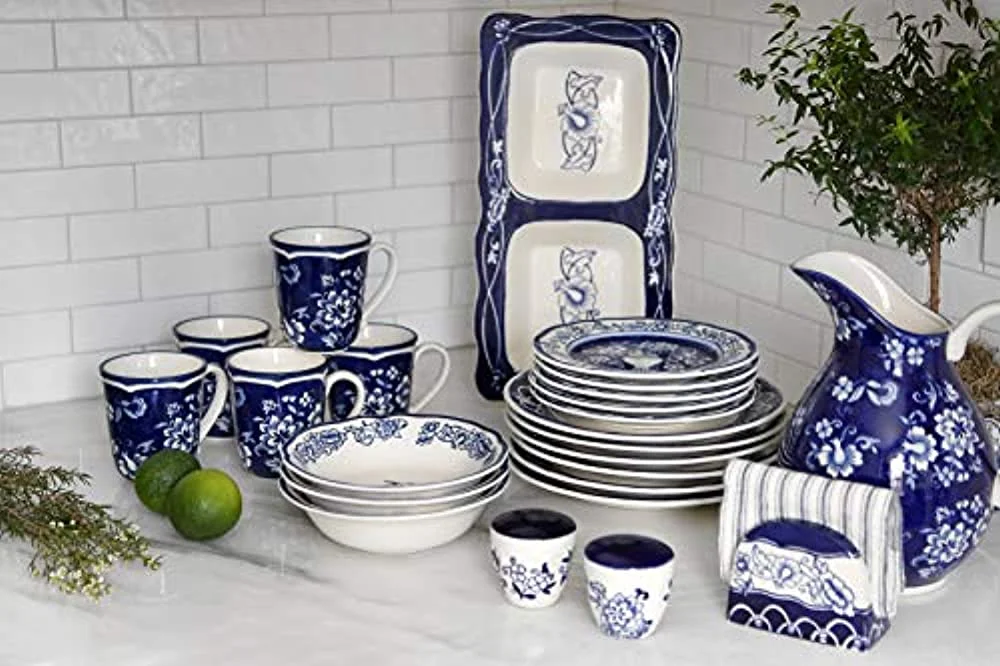 Euro Ceramica BGN-1001-DS Blue Garden Dinnerware Set, 16Piece, White