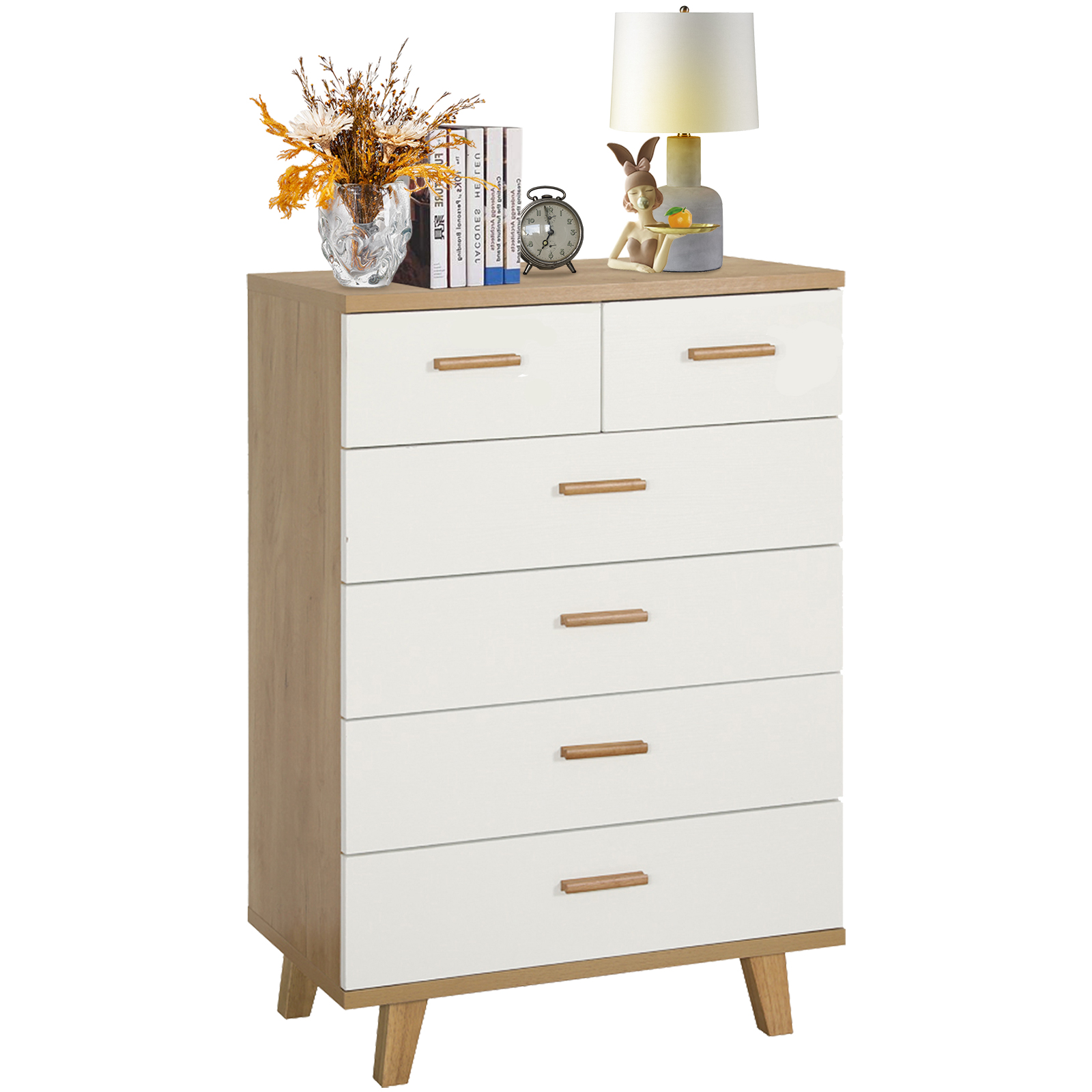 YISUYA Dresser for Bedroom with 6 Drawers, Wood Drawer Dresser, Solid Wood Handles and Foot Stand, Bar Cabinet, Chest of Drawers, Nightstand, Can Be Placed in The Living Room, Bedroom, Dining Room