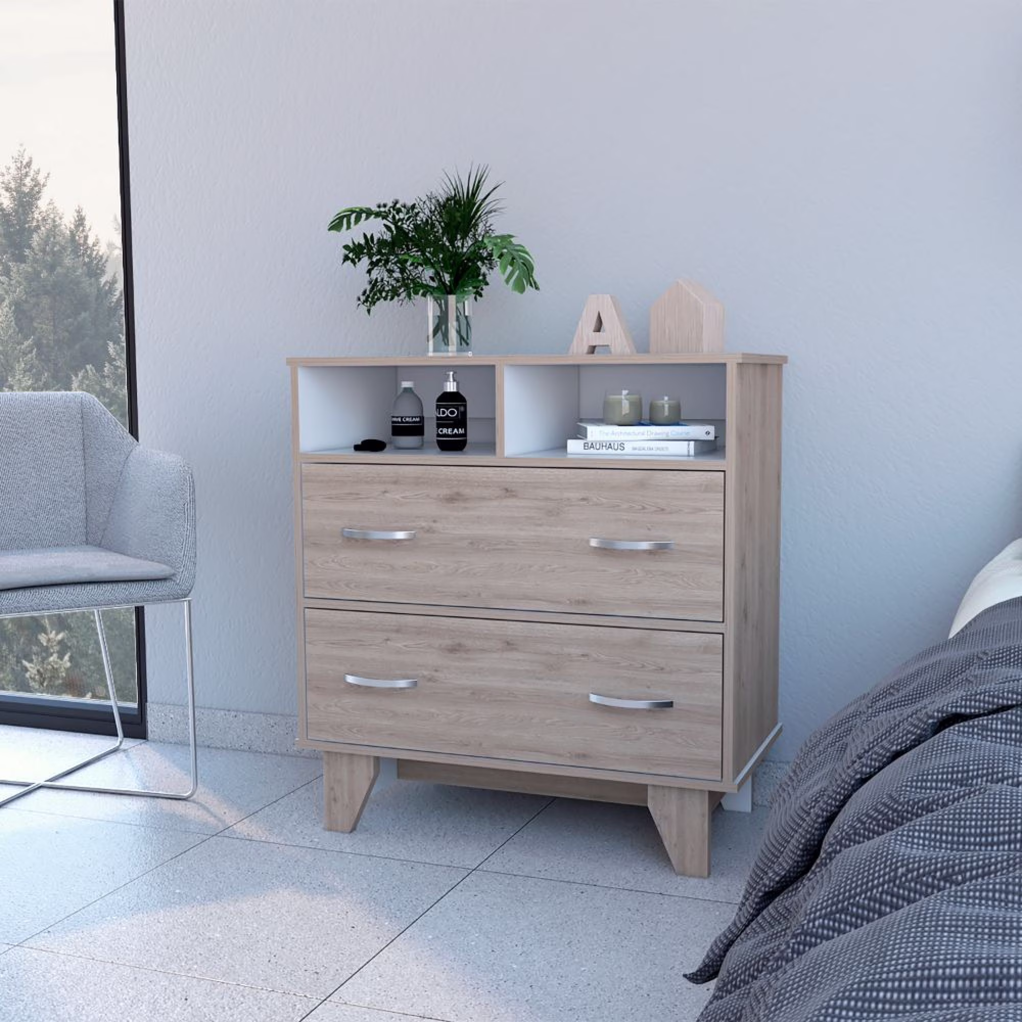 Dawn Whisper Aaron 2-Drawer 2-Shelf Dresser, Light Gray