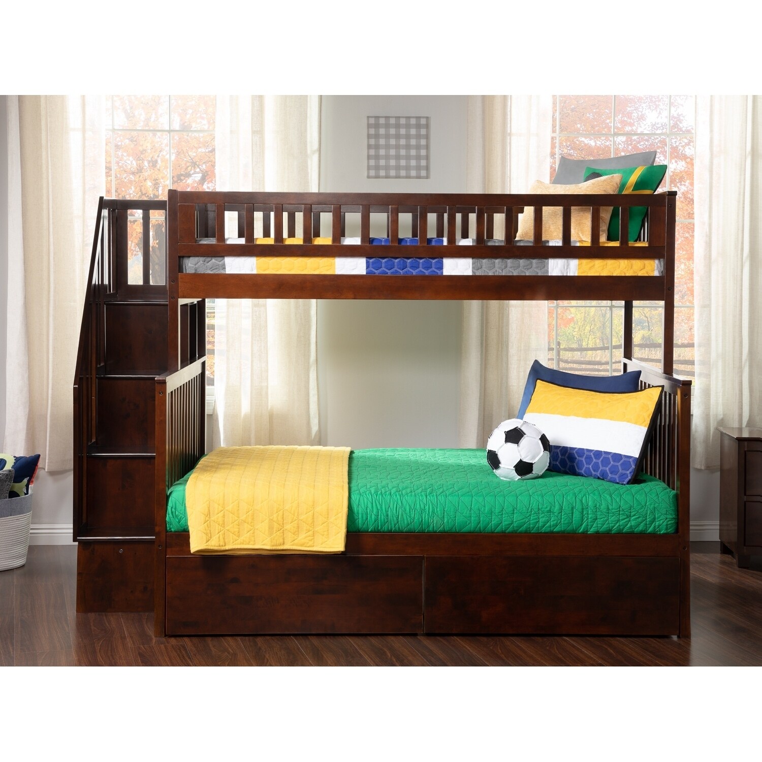 AFI Woodland Staircase Bunk Bed Twin over Full with 2 Drawers in Walnut