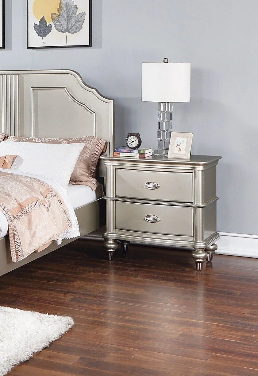 Classic Elegant 4pc Bedroom Set Satin Finished Silver Queen Size Bed Dresser Mirror Nightstand Furniture