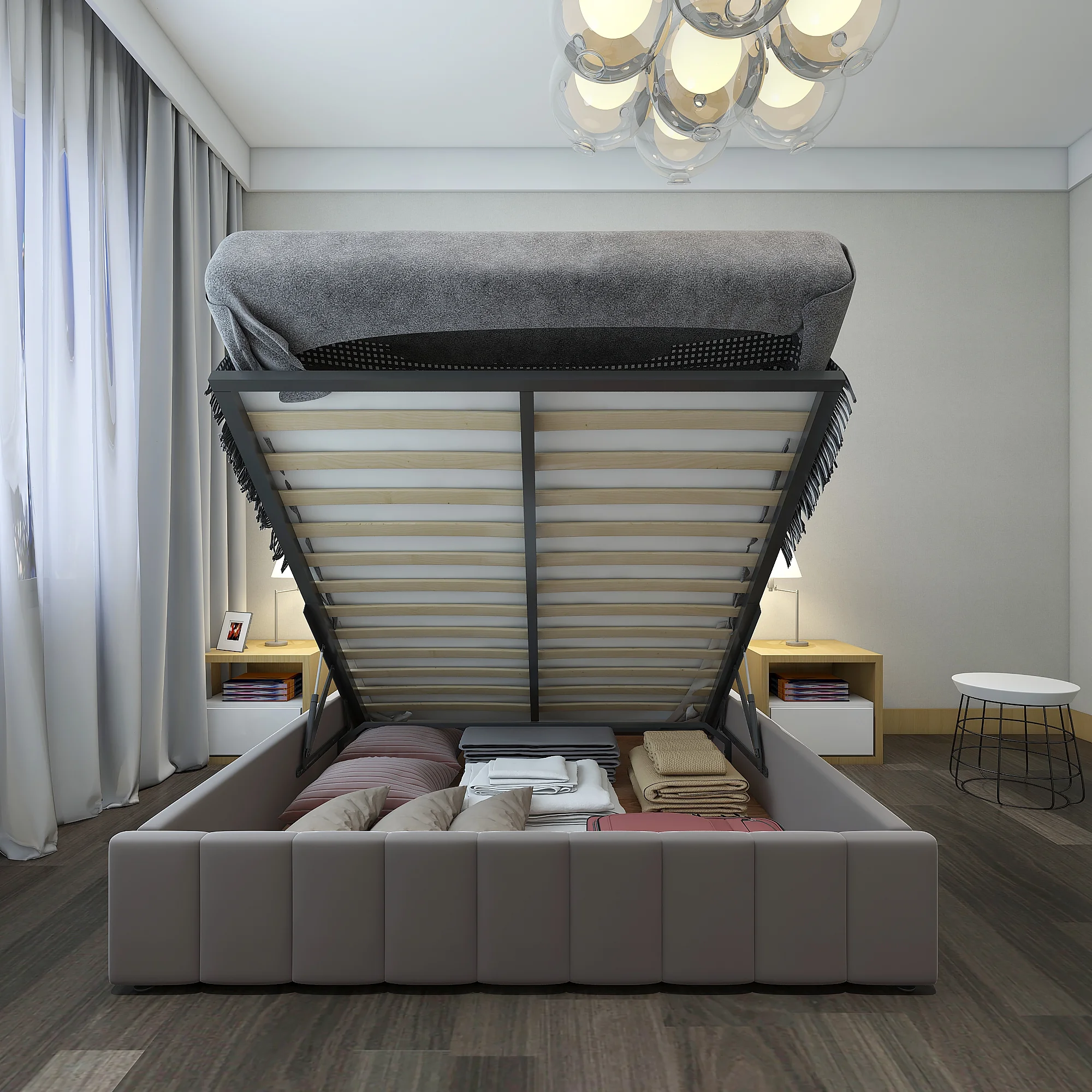 Upholstered Queen beds Gas Lift Up Storage Platform Bed Frame with Tufted Headboard Wooden Slat Support and Under Bed Storage