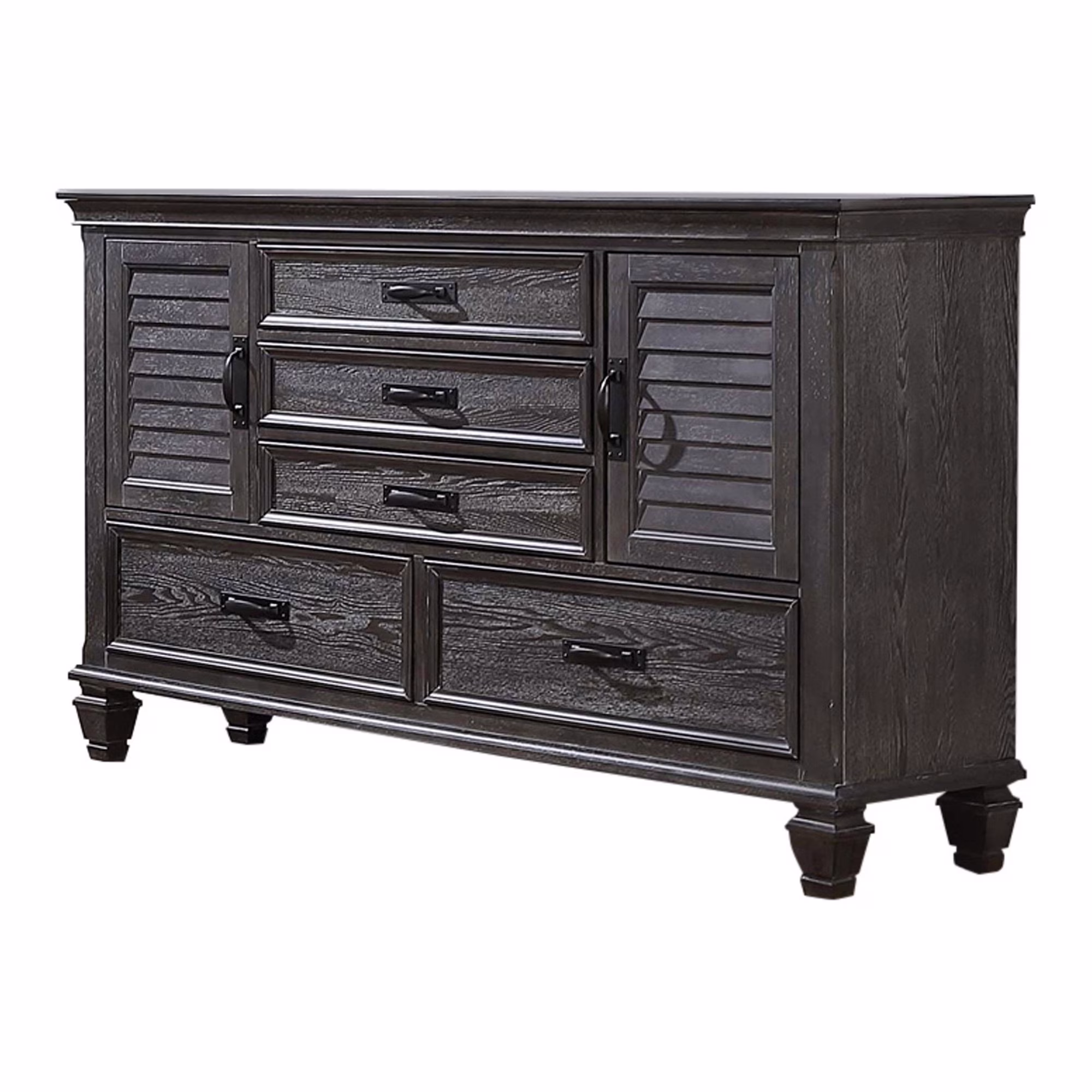 Eli 64 Inch Classic Dresser, 5 Drawers, 2 Cabinets, Wood, Weathered Brown