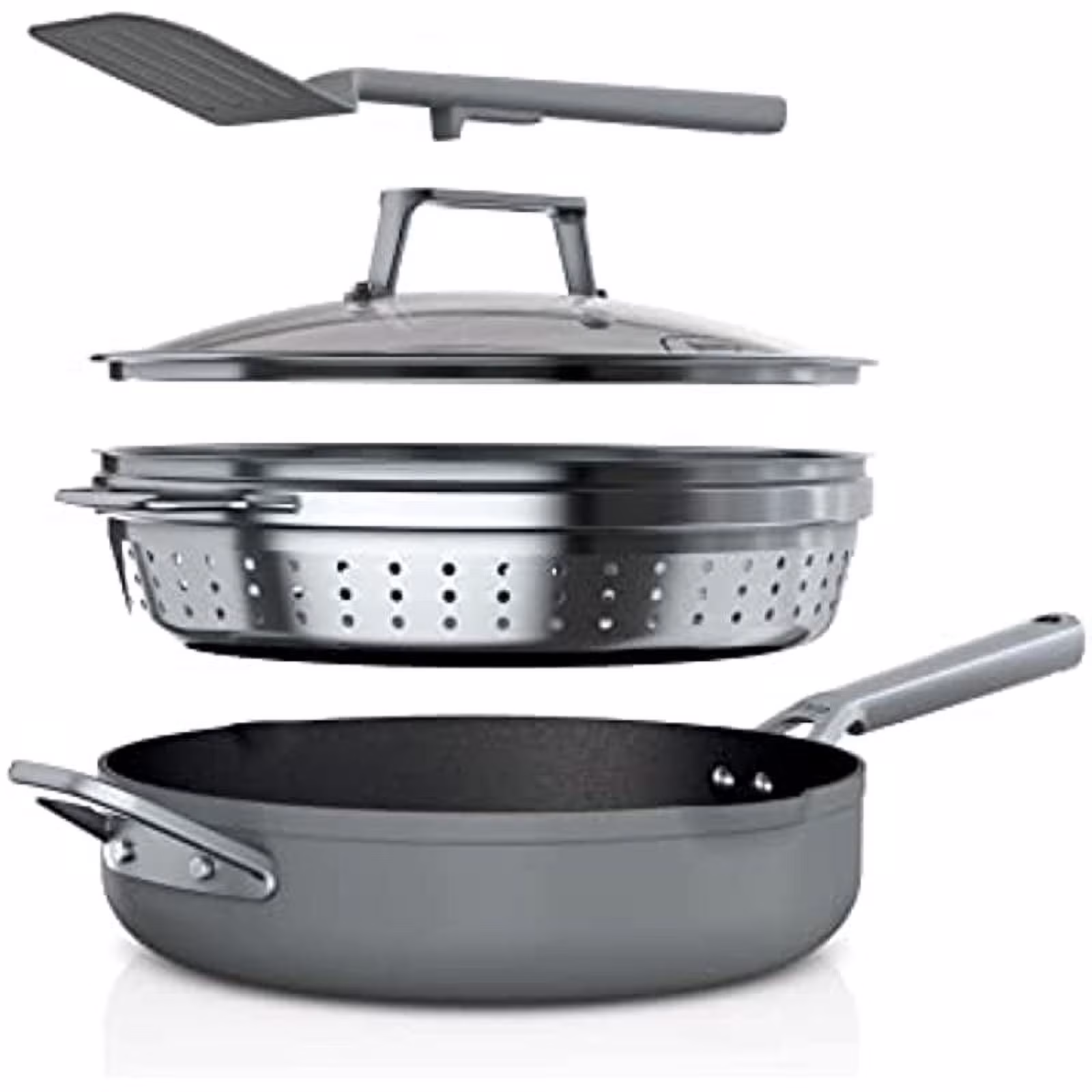 Ninja CW102GY Foodi NeverStick PossiblePan, Premium Set with 4-Quart Capacity Pan, Steamer/Strainer Basket, Glass Lid & Integrated Spatula, Nonstick, Durable & Oven Safe to 500°F, Sea Salt Grey