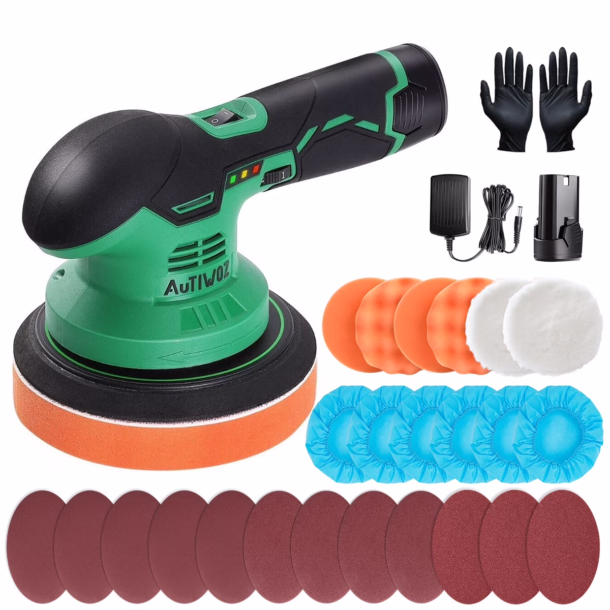 AUTIWOZ Cordless Car Polisher Buffer 6 inch Dual Action Waxer Sander Pads Kit with Battery for Boat ,Green