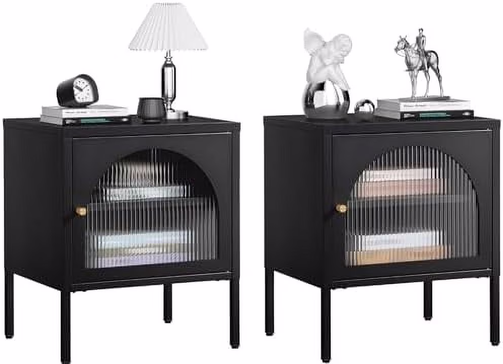 RUNFAYBIU Bedside Table Nightstands  - Black Modern Night Stand with Corrugated Tempered Glass  Steel Frame     Black End Table Bed  for Home Bedroom