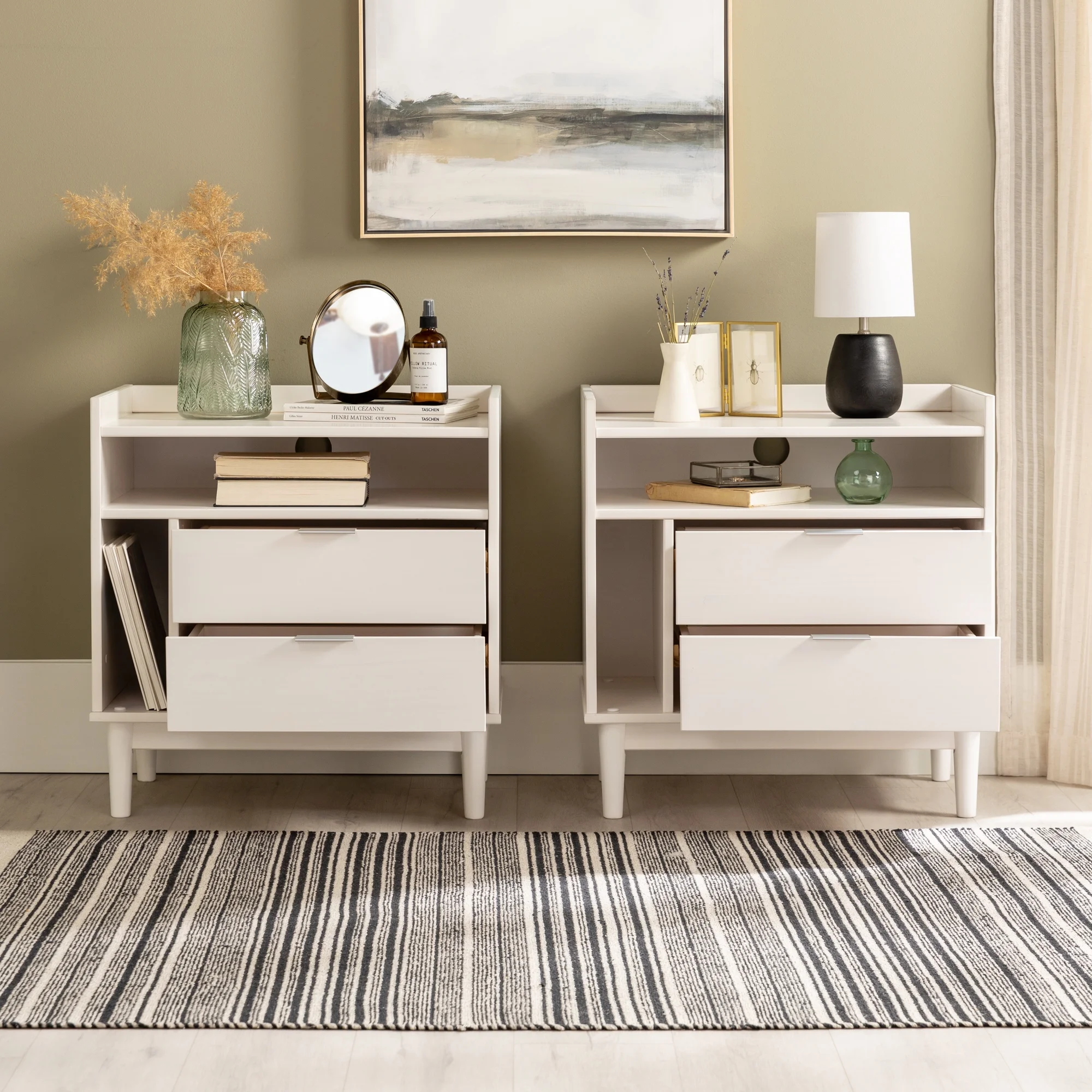 Walker Edison Mid-Century Modern 2-Drawer Wood Nightstand, Set of 2, White