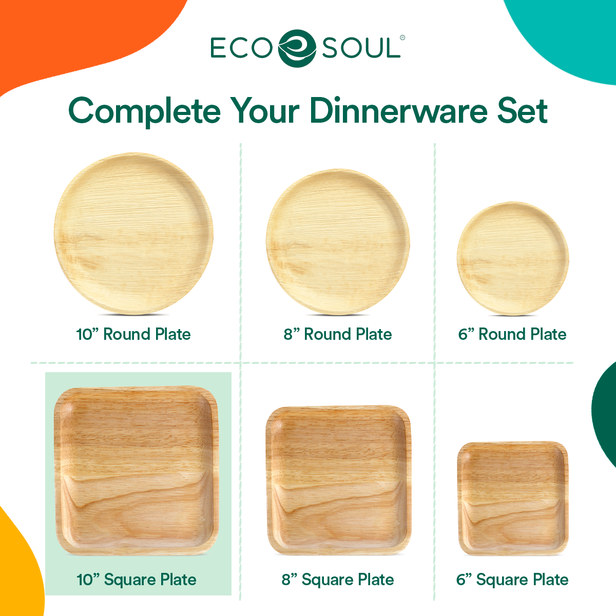 ECO SOUL 10 Inch Square Palm Leaf Plates, 20 Count