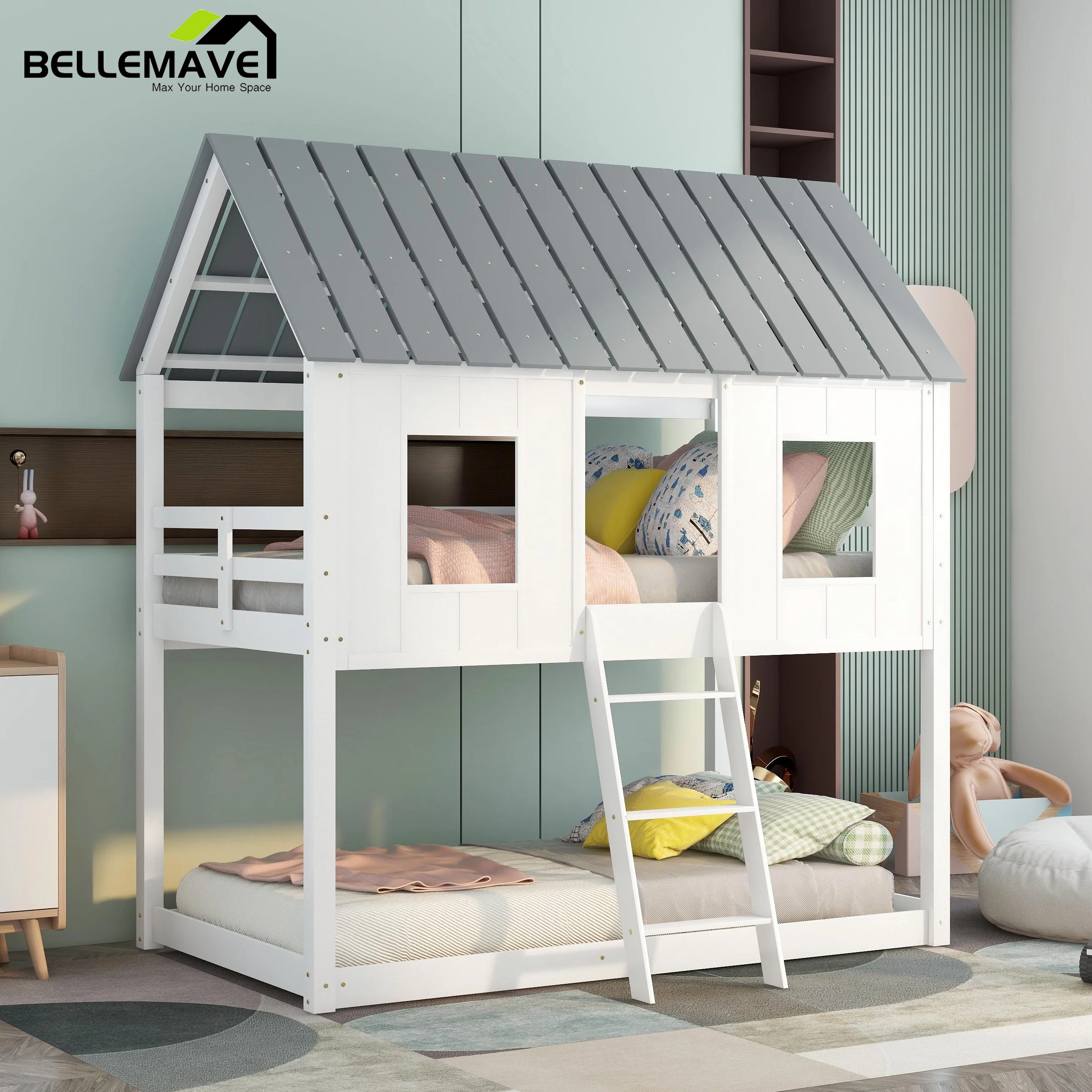 Bellemave Twin over Twin Bunk Bed with Roof House-shaped Low Bunk Bed for Kids Wood Twin House Bunk Bed with Windows, Guardrail and Ladder, White + Gray