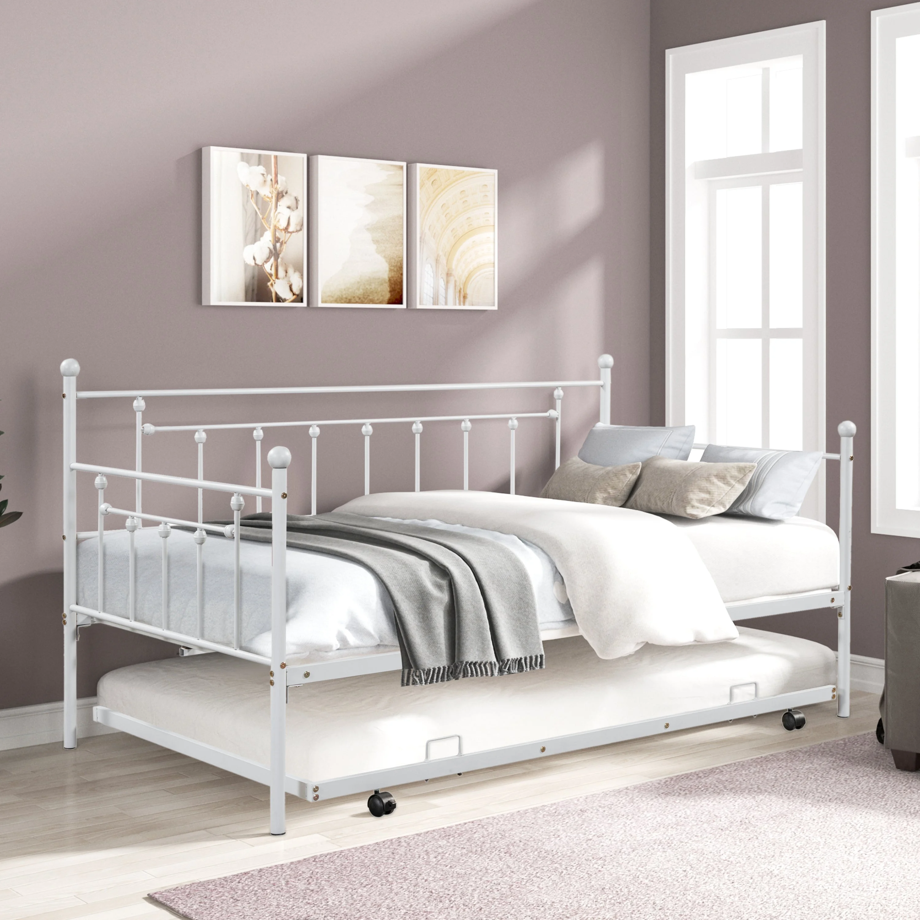 Regent Twin Size Metal Daybed with Trundle - Light Gray
