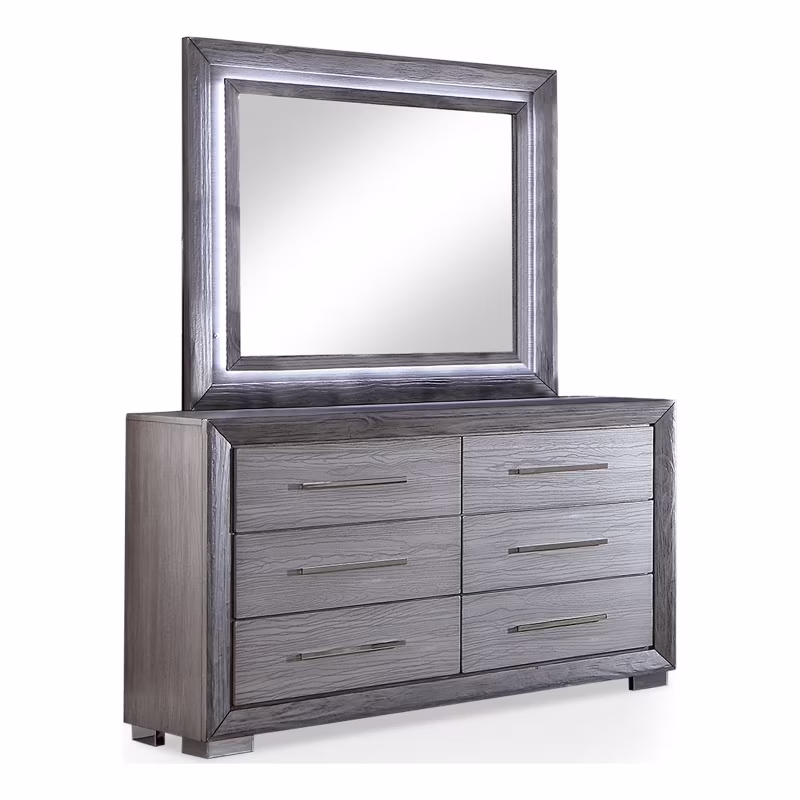 Furniture of America Iden Wood 6-Drawer Dresser with LED Mirror in Gray