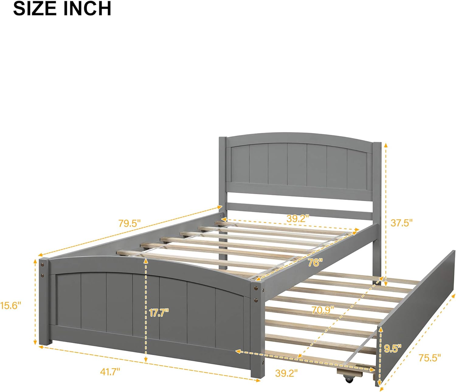 Size Platform Bed With Trundle, Solid Wood Bed Frame With Headboard, Pull Out Trundle Bed With Slat Supports For Teens, Adults, No Box Spring Needed (Grey)