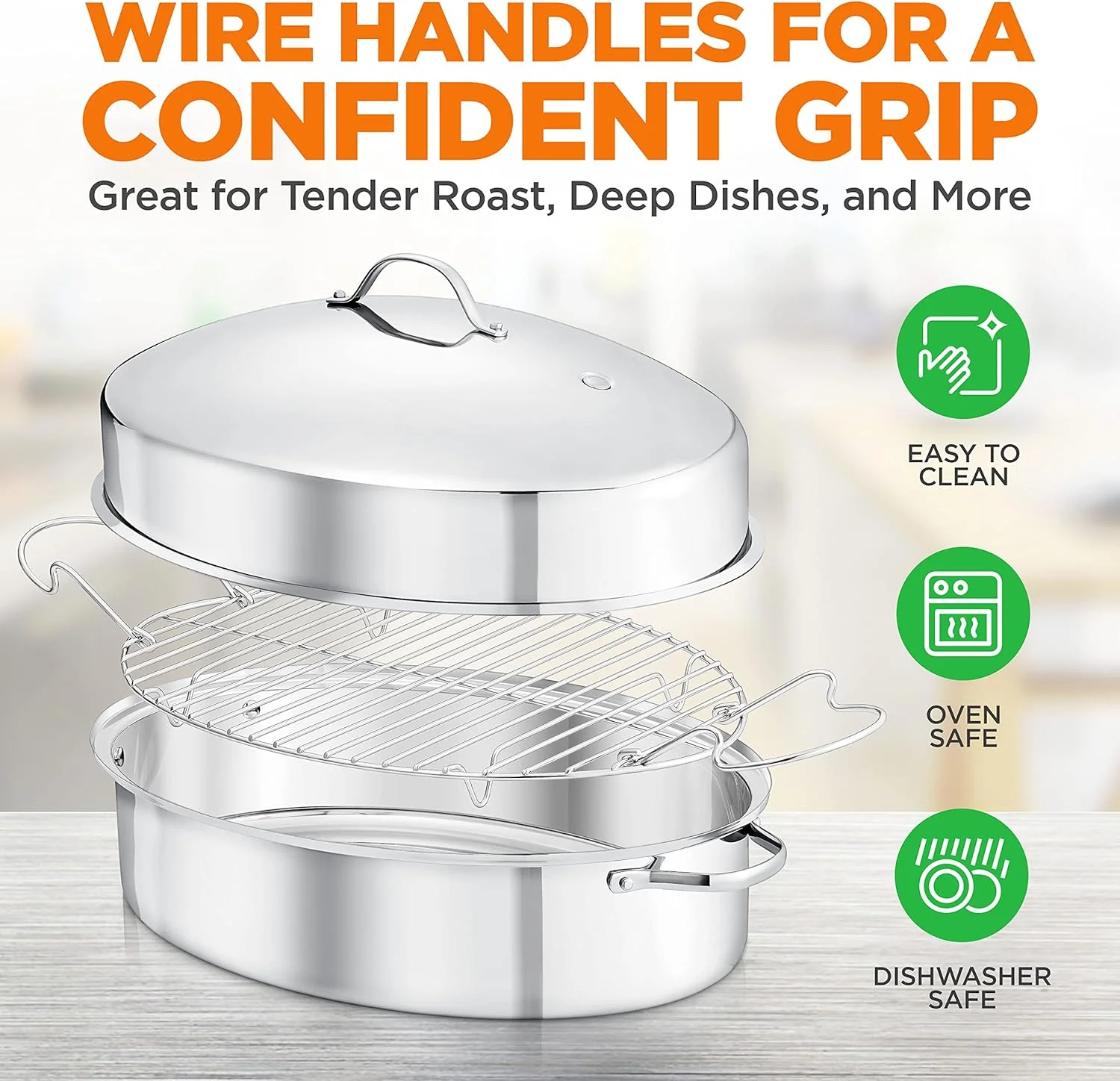 Open Box NutriChef Oval Roasting Pan Roaster Polished Rack NCOAVL99 - STAINLESS STEEL