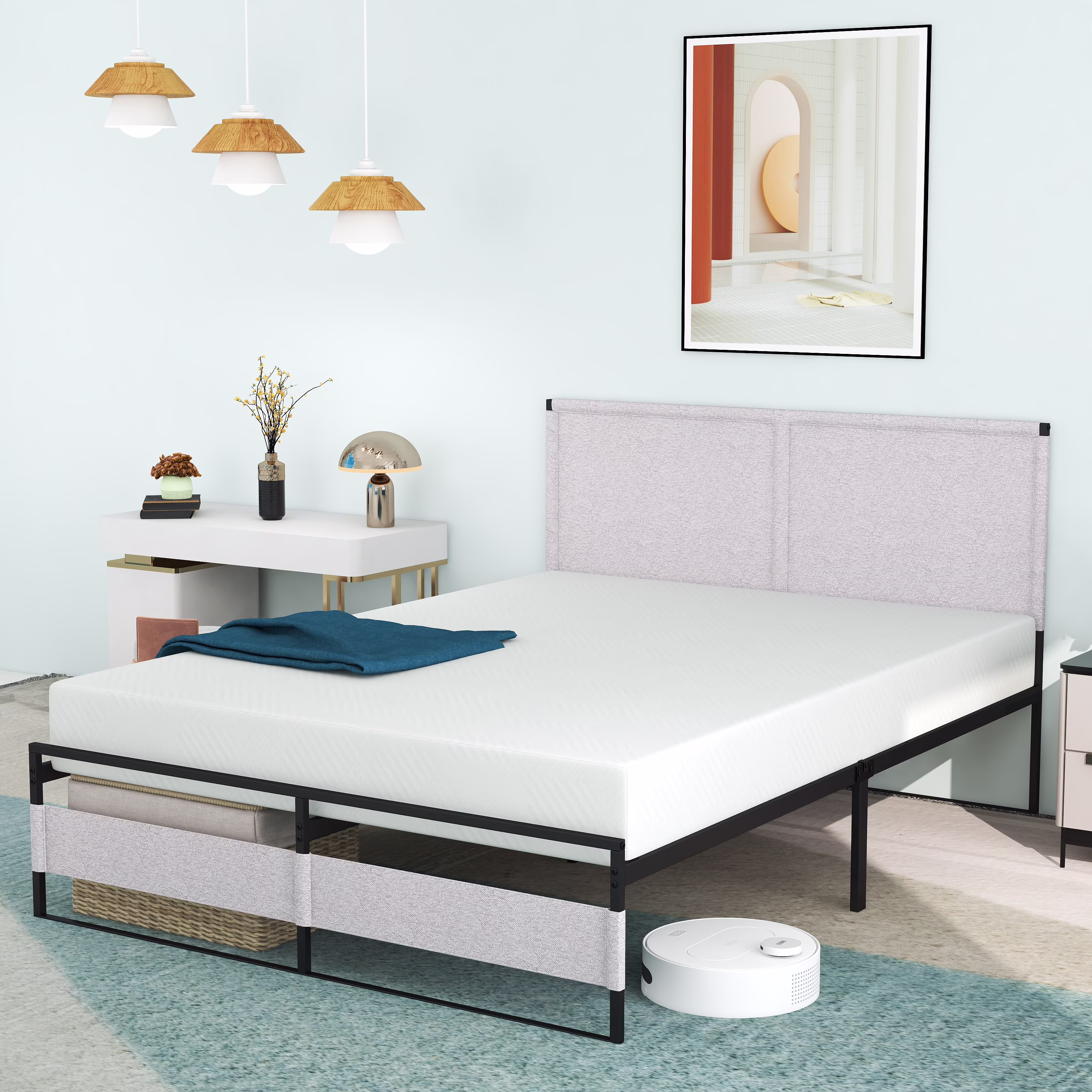 King Size Bed Frame with Headboard and Footboard, 14 inch Platform  Bed Frame, Quick Install, Grey