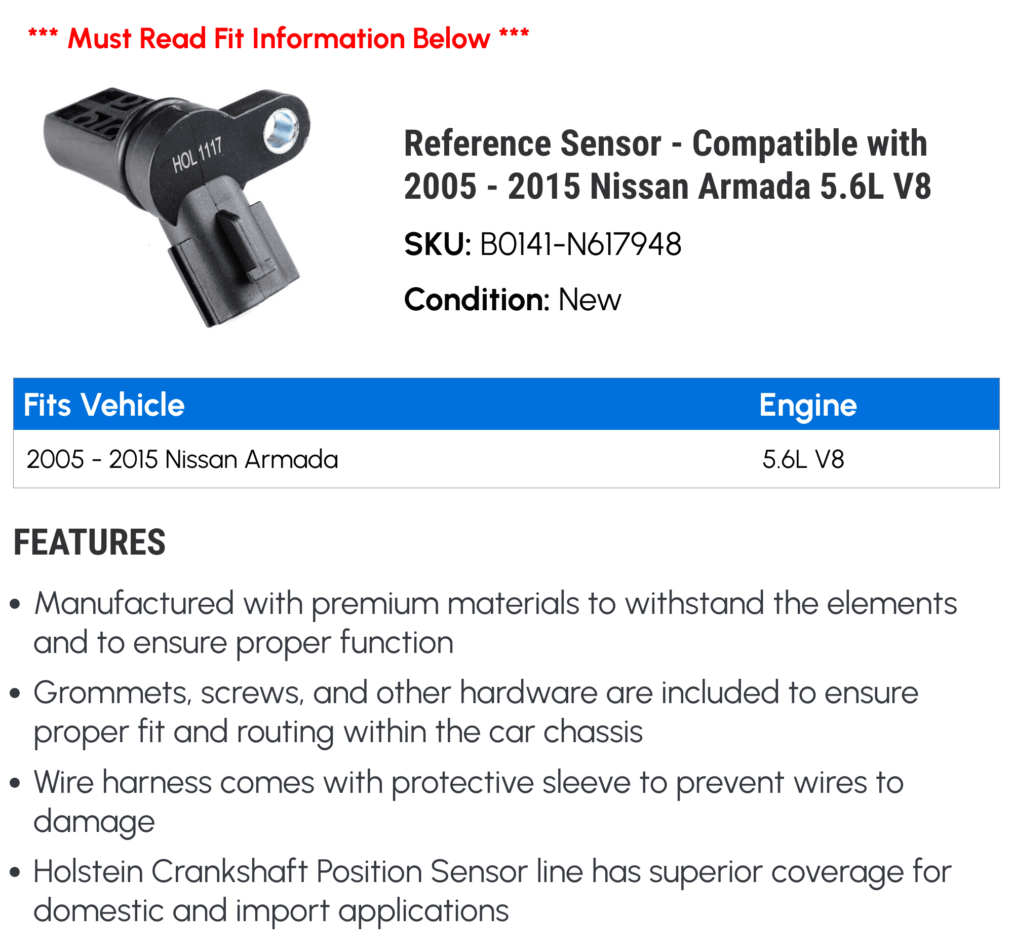 Reference Sensor - Compatible with 2005 - 2015 Nissan Armada 5.6L V8 2006 2007 2008 2009 2010 2011 2012 2013 2014